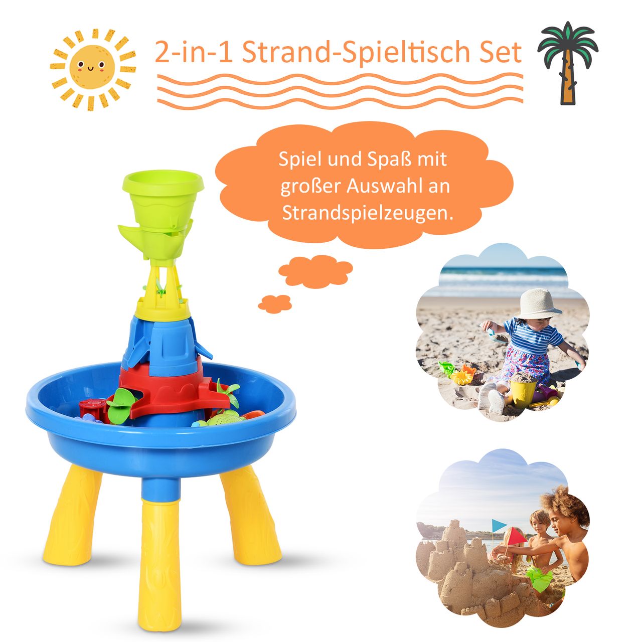 HOMCOM Kinder Spieltisch, Sandkastentisch mit 21-tlg. Zubehör, Wasserpark, Lernspielzeug, Baby Spielzeug ab 3 Jahren, PP, Bunt, 46 x 46 x 72 cm