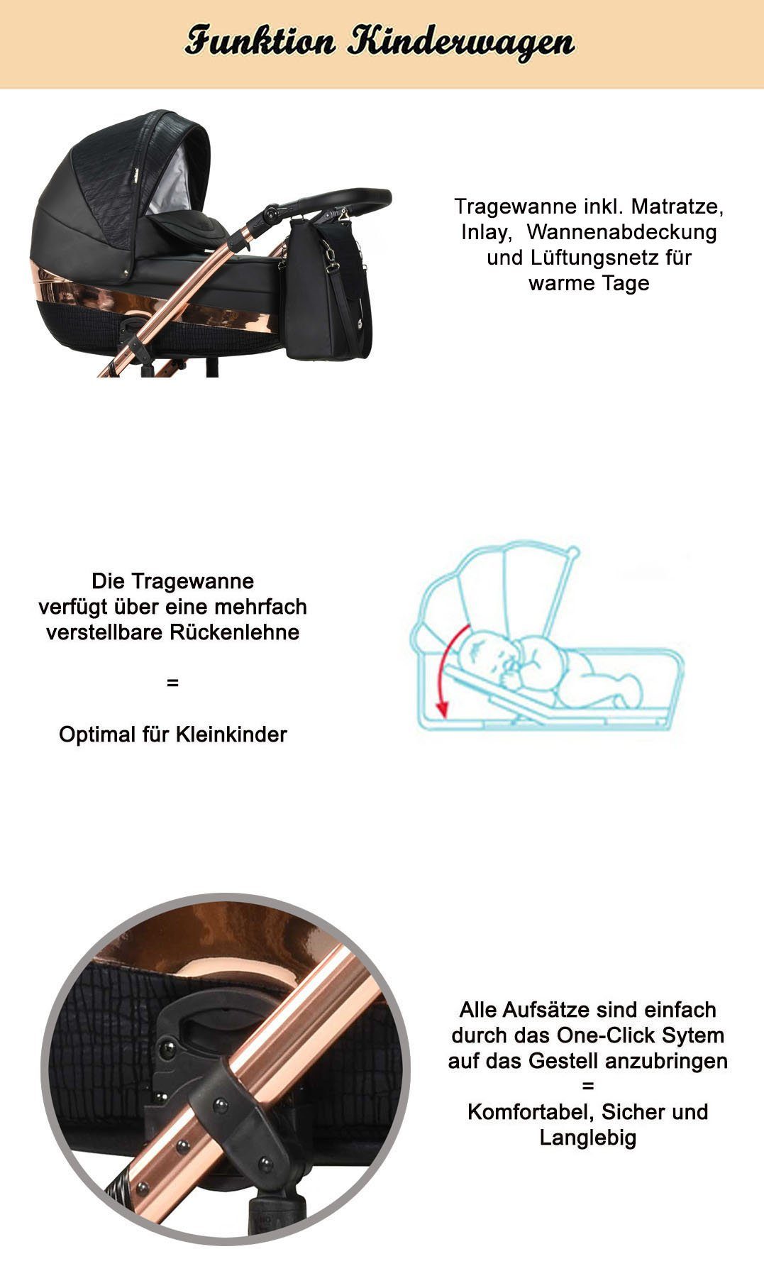 babies-on-wheels Kombi-Kinderwagen 3 in 1 Kinderwagen-Set Vip Lux - 12 Teile - in 16 Farben