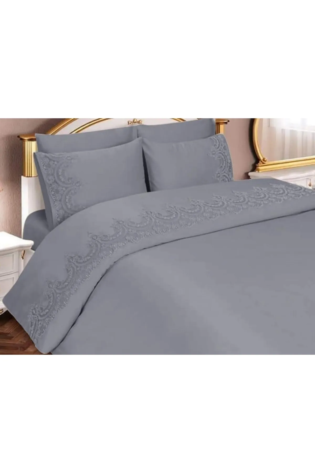 Çeyiz Diyarı  Französisches Guipure-Sultans-Bettbezug-Set, Grau