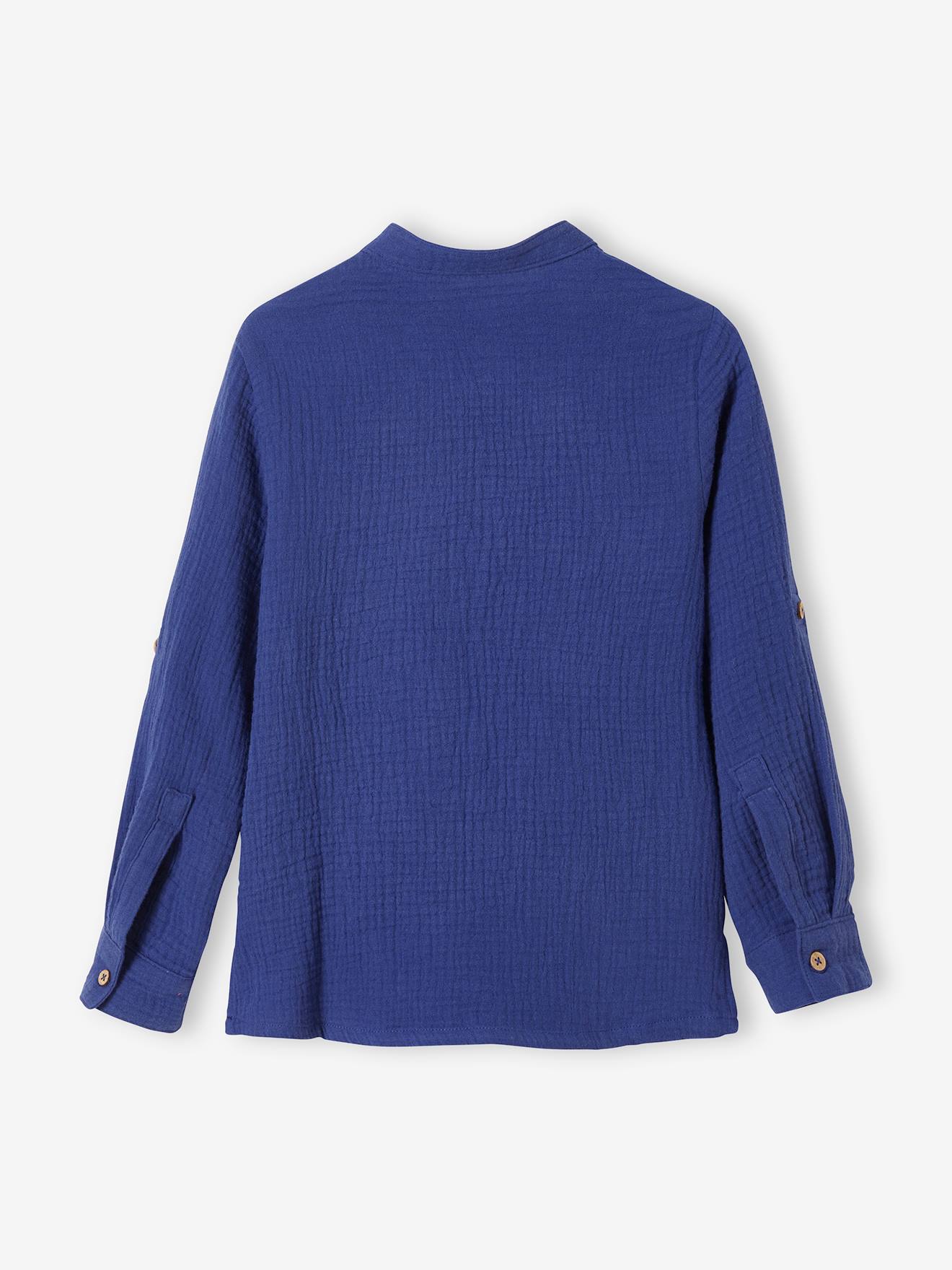 Chemise garçon en gaze de coton manches retroussables bleu moyen