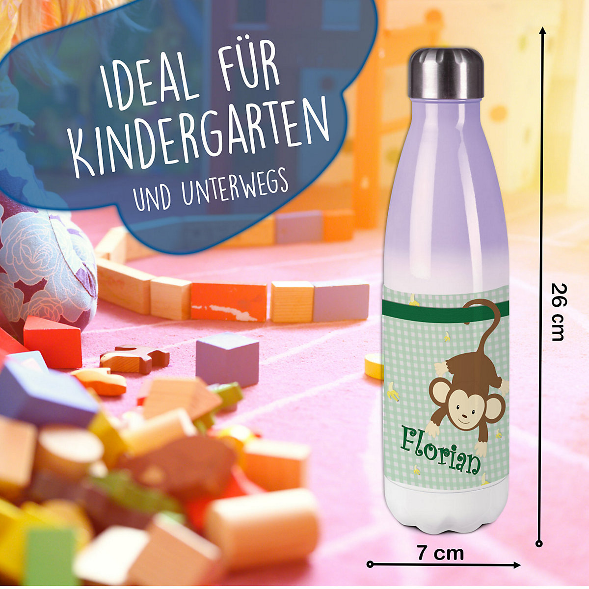 Edelstahl Kinder Thermoflasche / Trinkflasche bunt Affe hängend Farbe grün Spülmaschinenfest, Auslaufsicher, Bruchfest, Doppelwandig, Für Heißgetränke geeignet, Mit Deckel, Isoliert