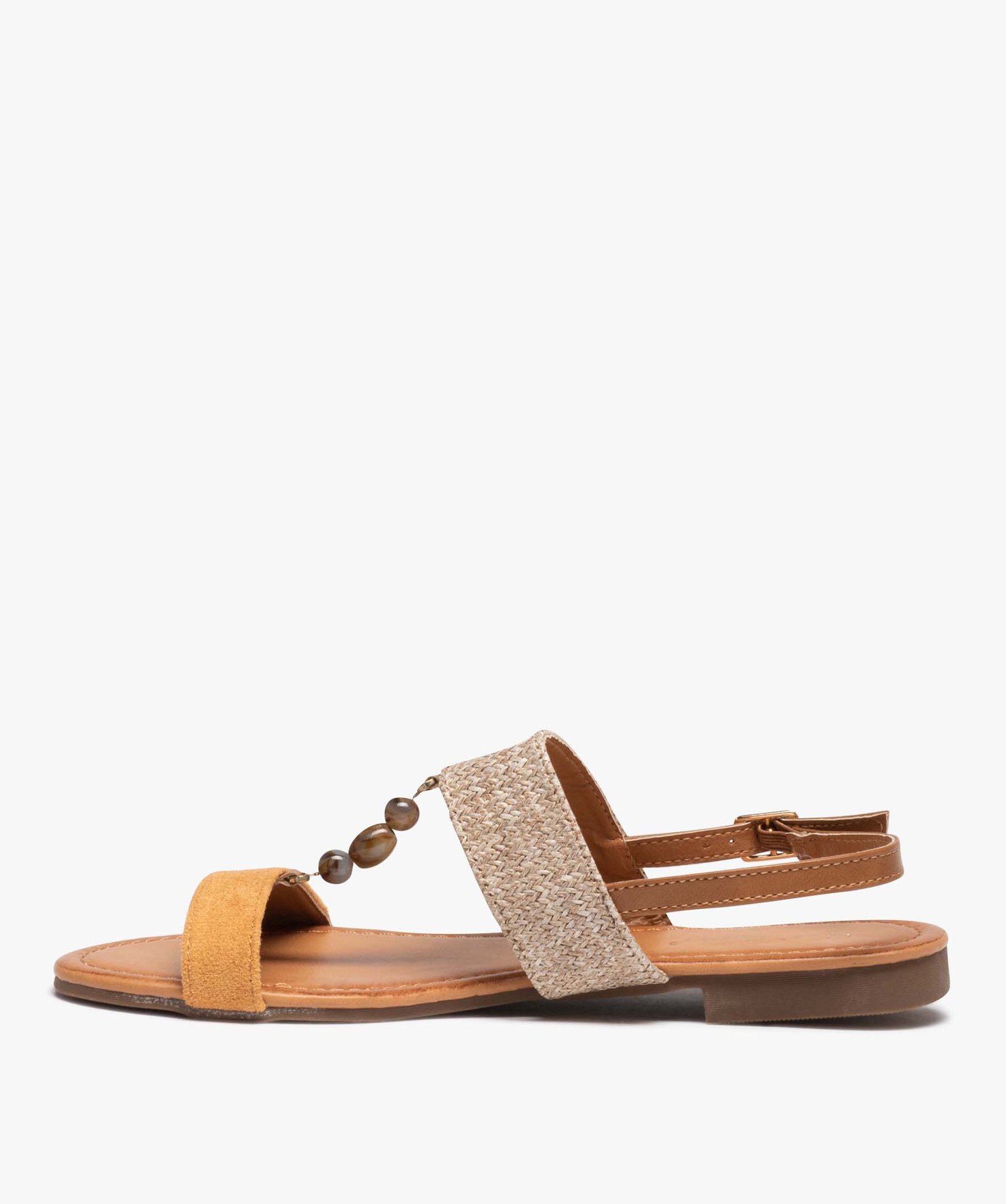 Sandales femme plates ornées de pierres avec brides en tissu camel | GEMO