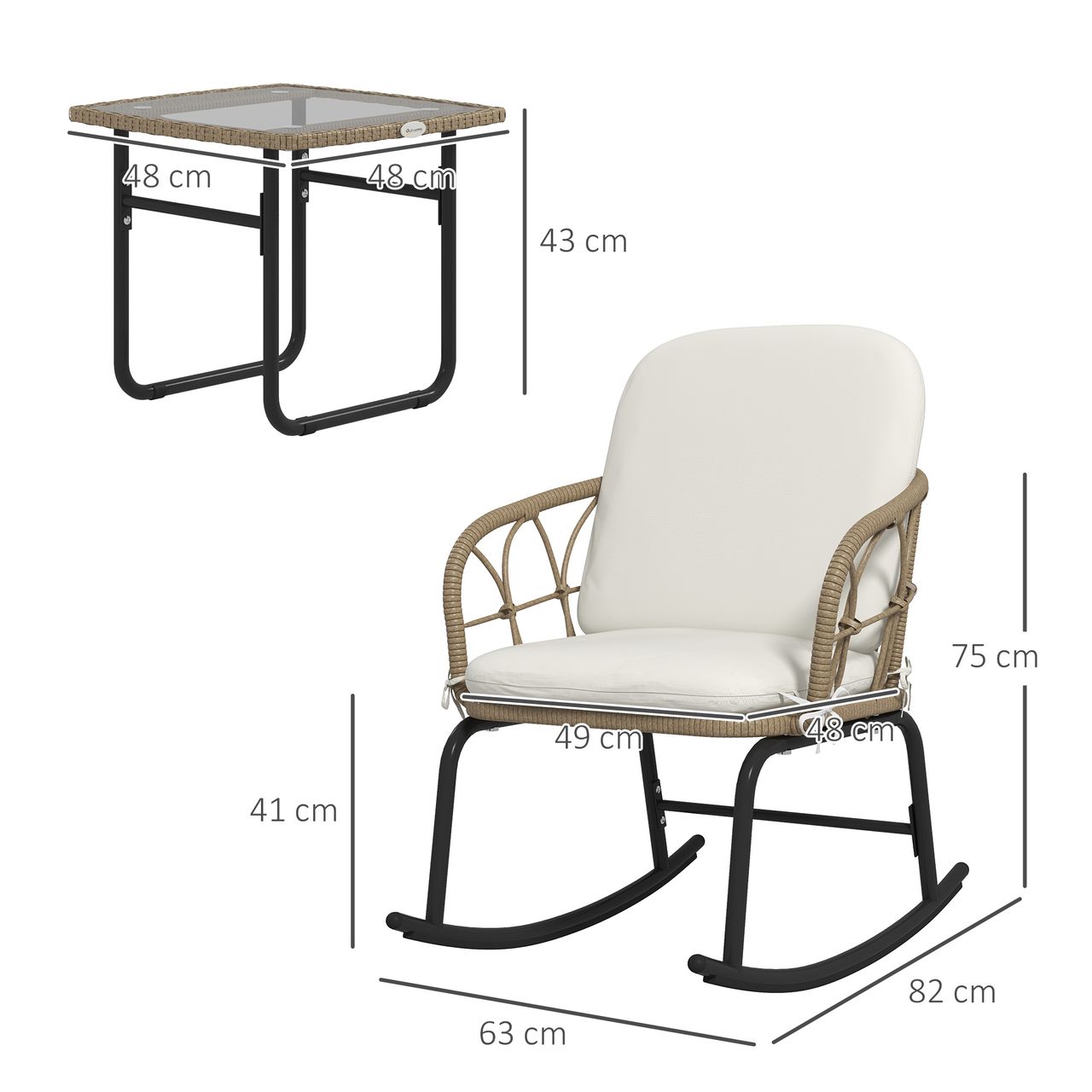 Outsunny Rattan Schaukelstuhl-Set, Gartenmöbel-Set mit 2 Stühlen, 1 Couchtisch