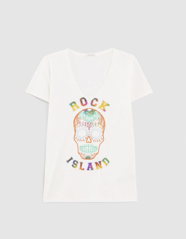 Tee-shirt blanc visuel tête de mort métalisé et broderies femme