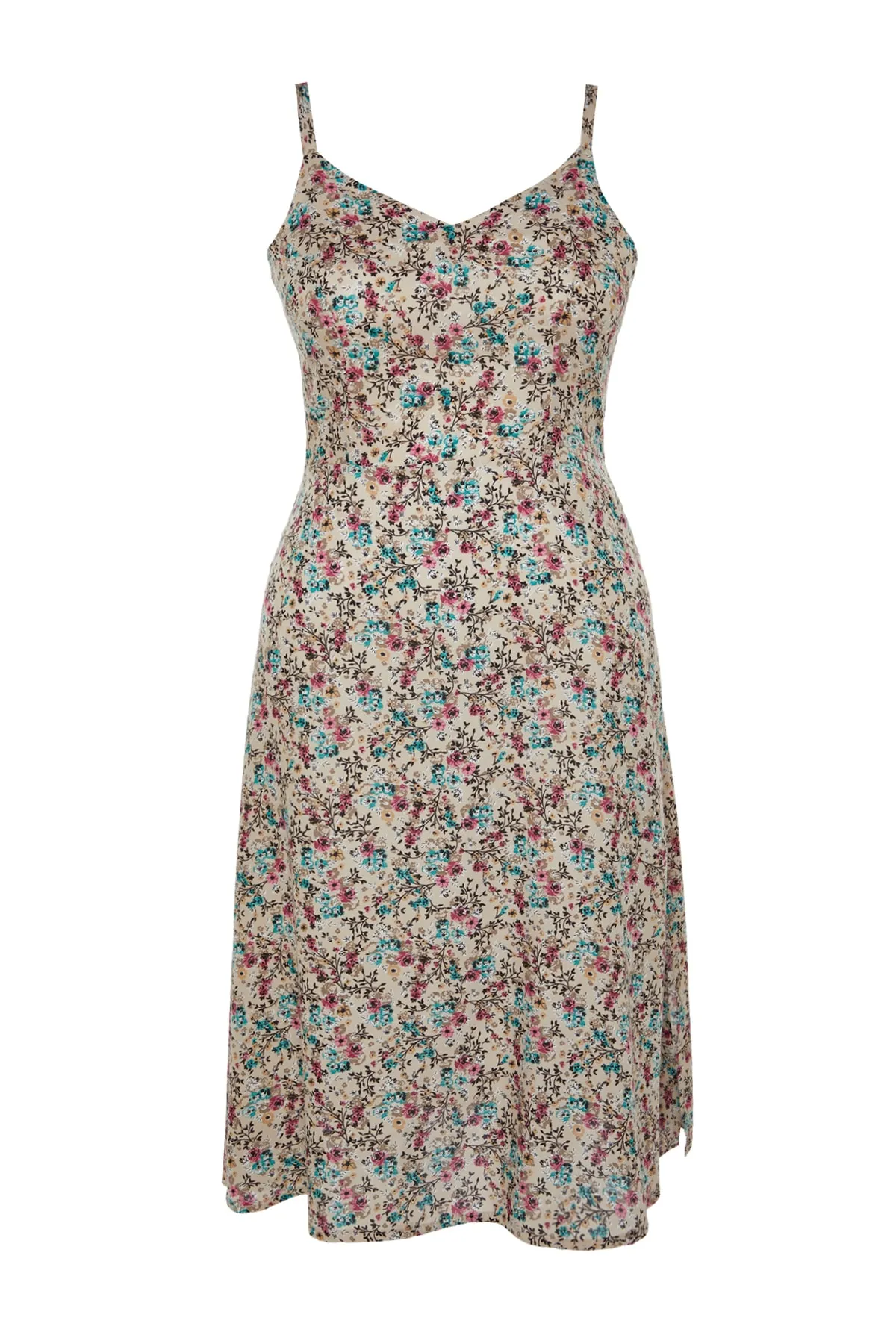 Trendyol Curve  Beigefarbenes Kleid mit gewebten Trägern und Blumenmuster TBBSS22AH0055
