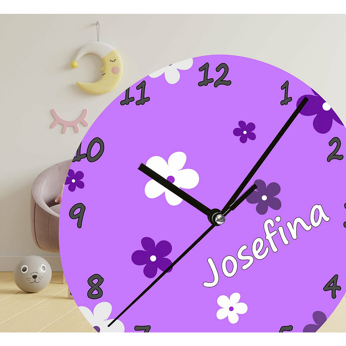 Kinder Wanduhr personalisiert mit Name Blumenranke Lila