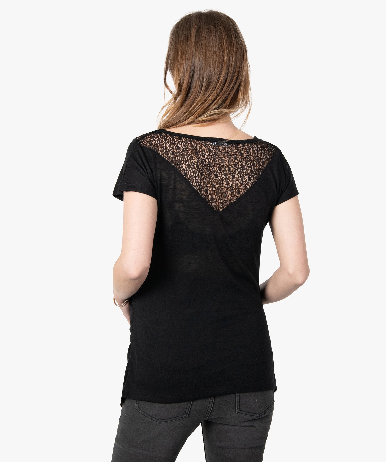 Tee-shirt de grossesse en maille fine avec encolure en dentelle noir | GEMO