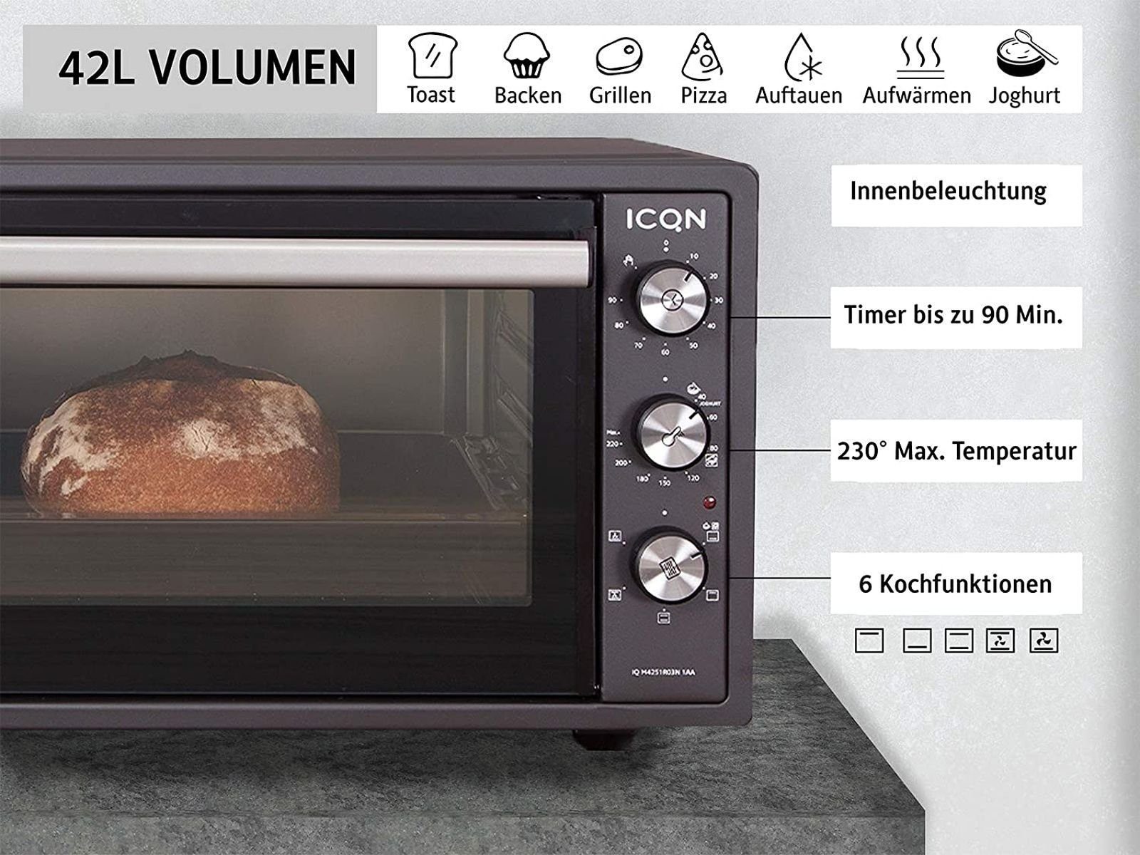 ICQN Minibackofen 42 Liter mit Umluft, Emailliert, 1300 W, inkl. Backblech Set, Umluft, Pizza-Ofen, Doppelverglasung, Timer, Mini Ofen, 40°-230°C