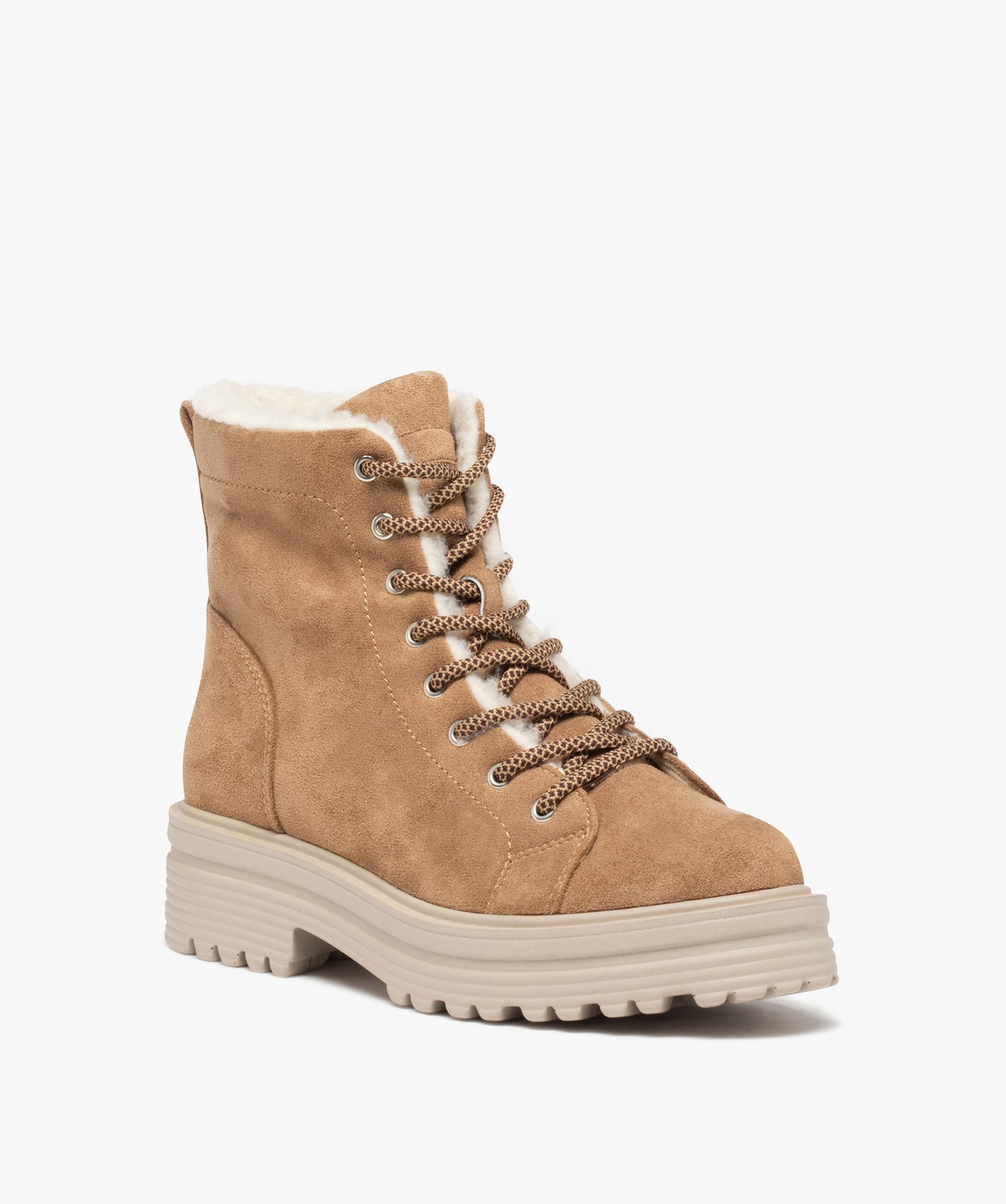 Boots fourrées femme crantées dessus suédine unie beige | GEMO