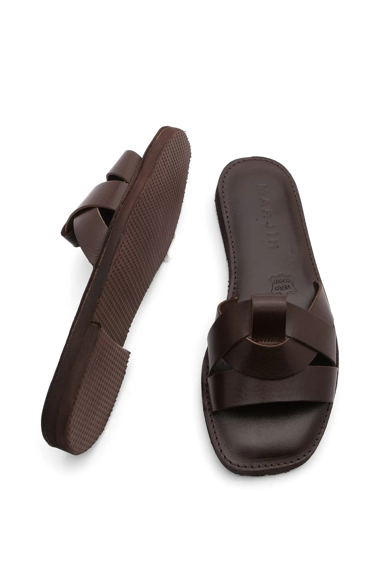 Marjin  Damen Hausschuhe aus echtem Leder mit Eva-Sohle, Vosle Braun