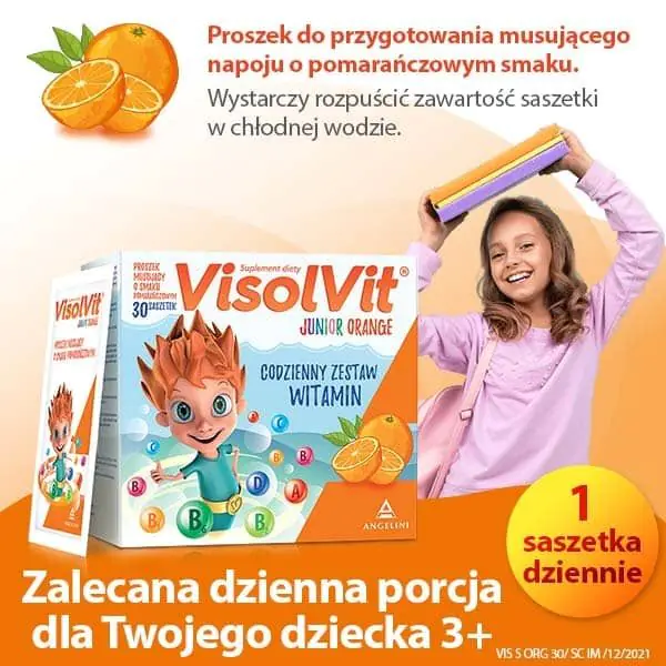 Visolvit Junior Appelsin, et sæt vitaminer i breve til børn over 3 år, appelsinsmag