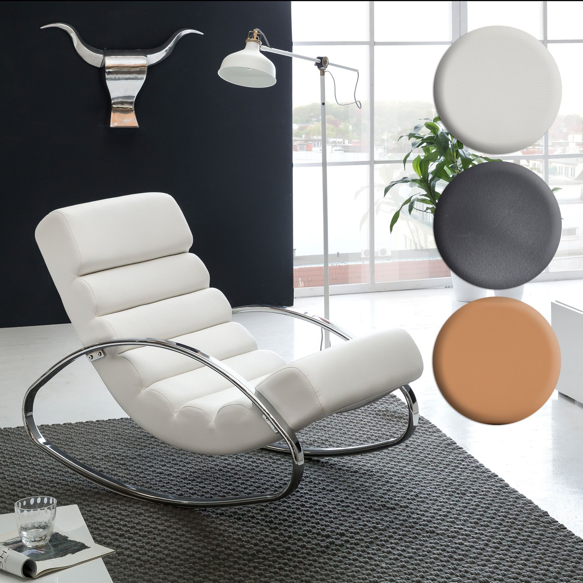 FINEBUY Schaukelstuhl SuVa4025_1 (Relaxliege Kunstleder Weiß 61x81x111 cm Wohnzimmer), Relaxsessel mit Armlehnen, Fernsehsessel Modern