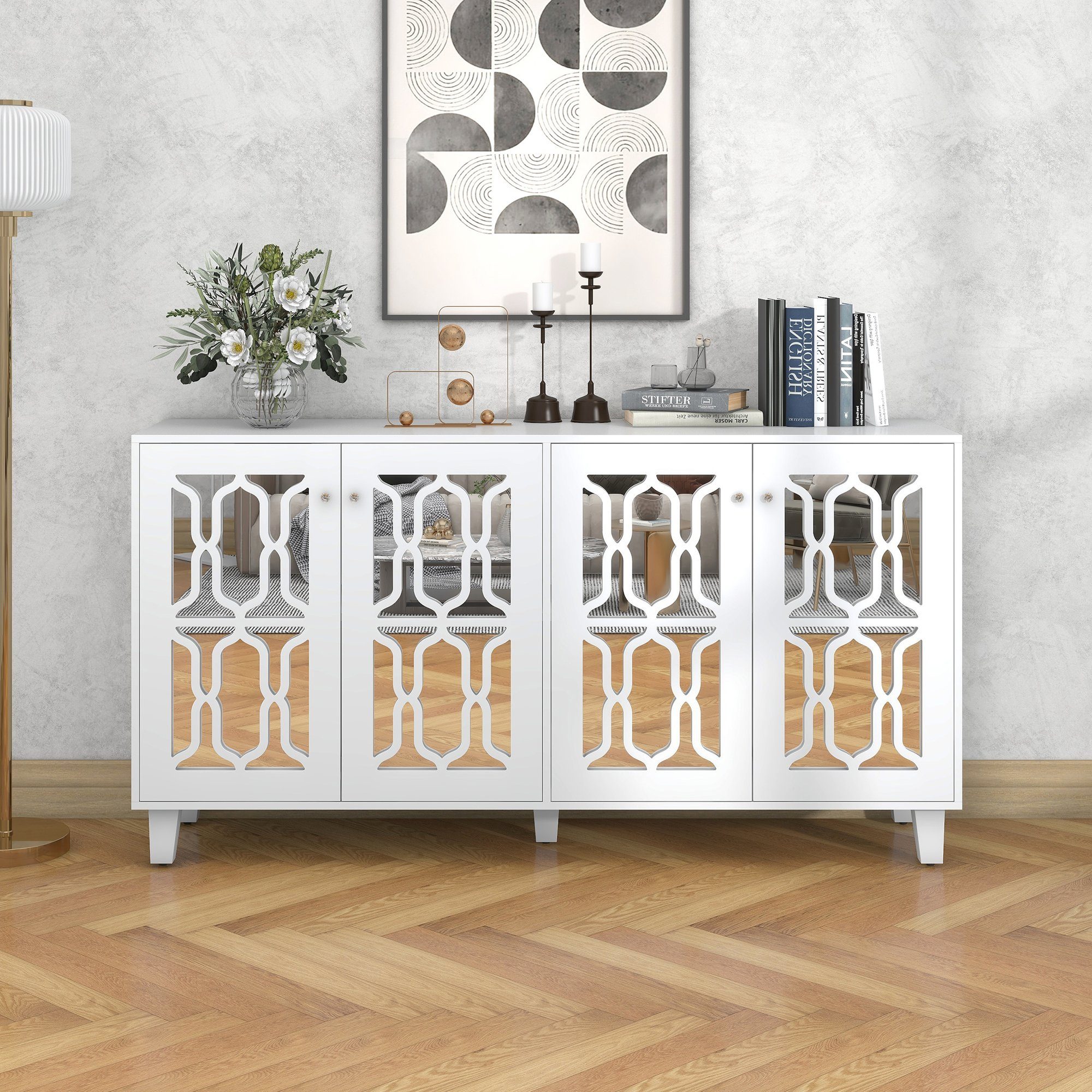 Flieks Sideboard (1 St), Schrank mit 4 Spiegeltür Anrichte Kommode Wohnzimmer Schlafzimmer