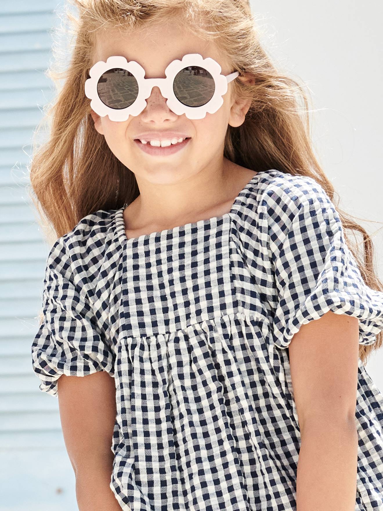 Robe à carreaux vichy fille manche boules carreaux marine