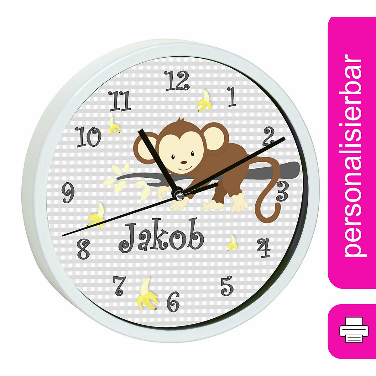 Kinder Wanduhr personalisiert mit Name Affe hängend Grau