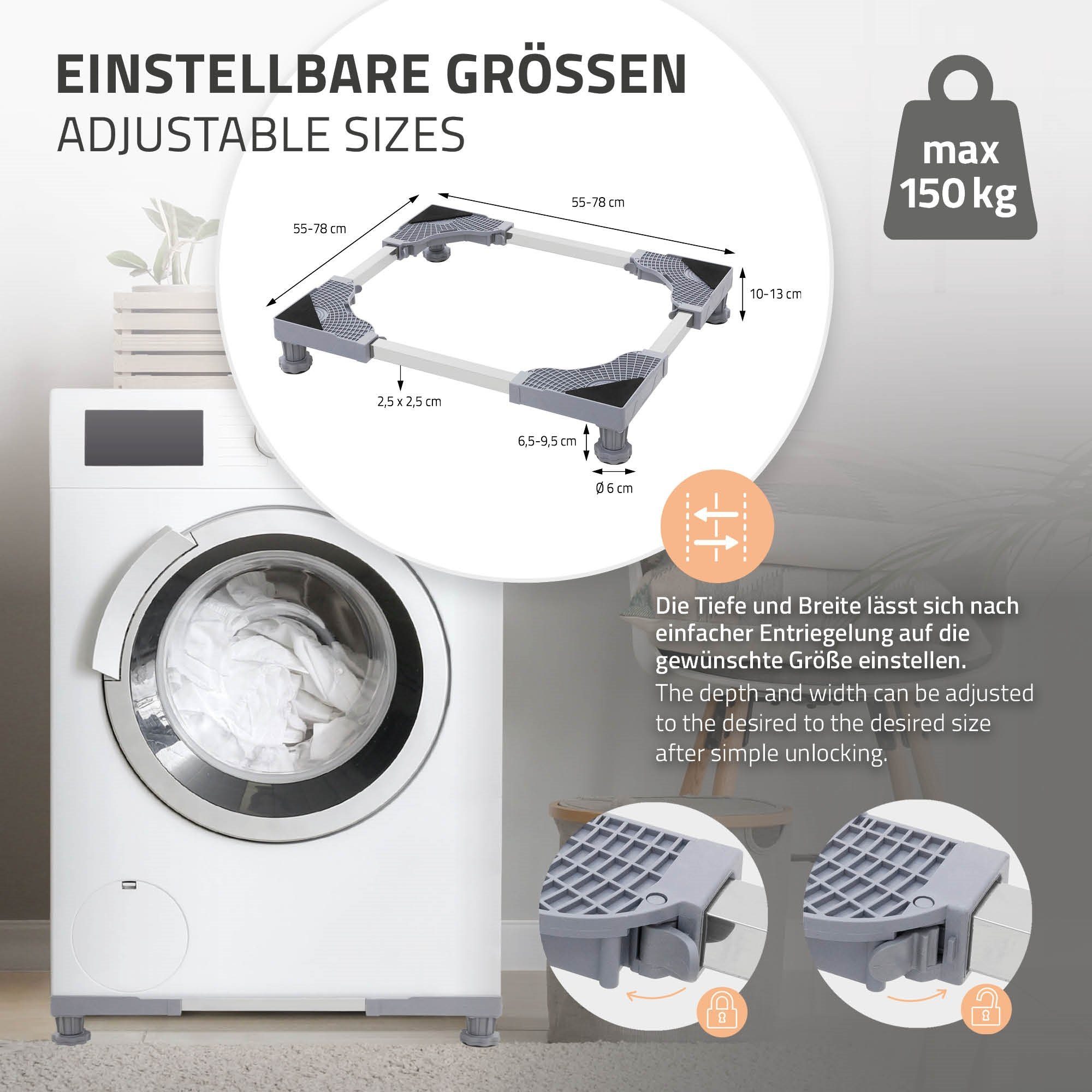 ECD Germany Waschmaschinenuntergestell Waschmaschinen Untergestell Podest rutschfest für Kühlschrank&Trockner, beweglich mit 8 Füßen 4 Räder verstellbar Breite 55-78cm Höhe 10-13cm