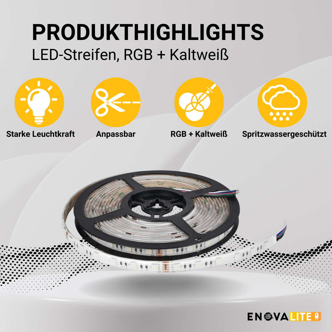 ENOVALITE LED-Streifen, RGB und kaltweißes Licht, IP54, 12 V