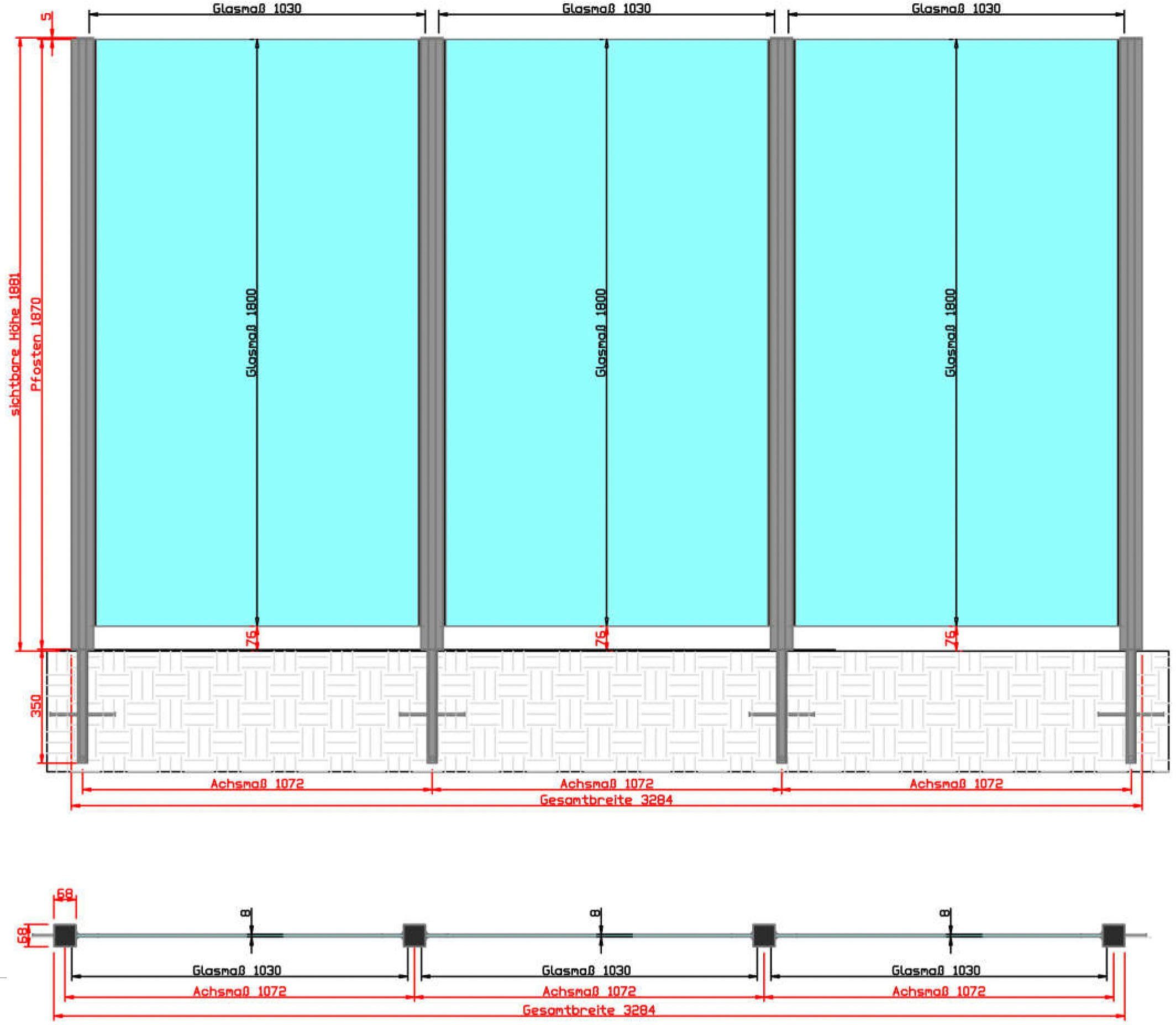 STAKET PRO Zaun, (Set), Glaszaun, Gesamtlänge: 3,284 m, 4 Pfosten
