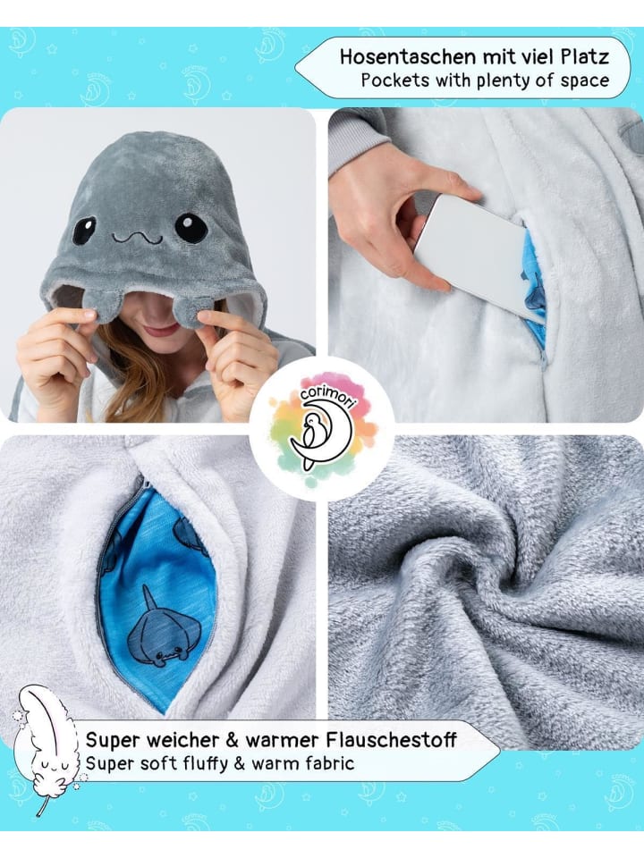 Corimori Flauschiges Manta Rochen-Kostüm für Erwachsene mit Haarreif | Kostüm Onesie in Grau günstig kaufen