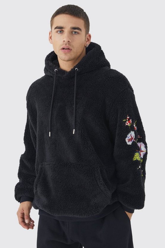 Oversize Borg-Hoodie mit Blumen-Stickerei