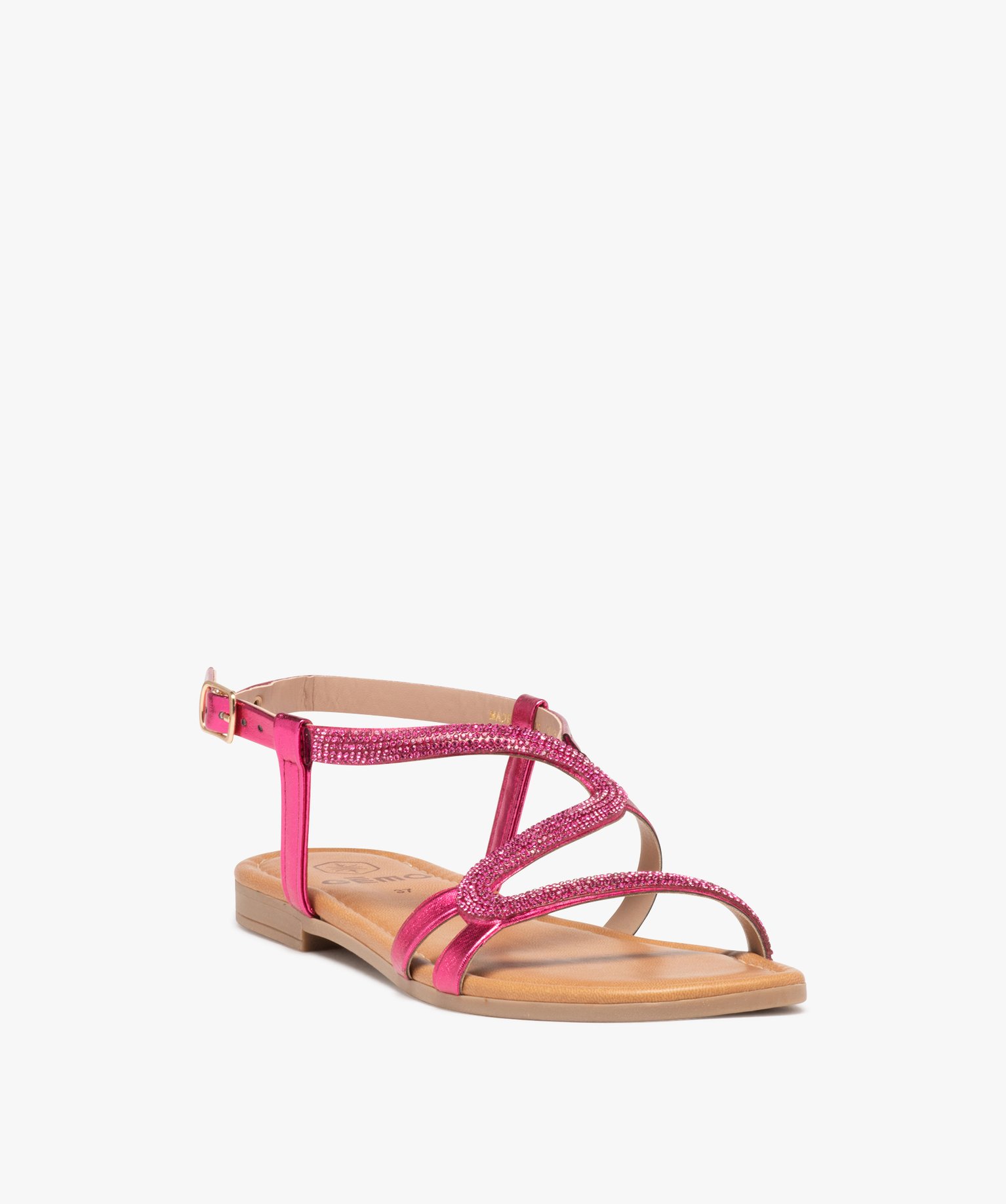 Sandales femme plates avec bride à strass métallisée rose | GEMO