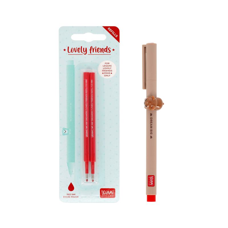 Precioso juego de bolígrafos con forma de osito de peluche y recambio rojo.