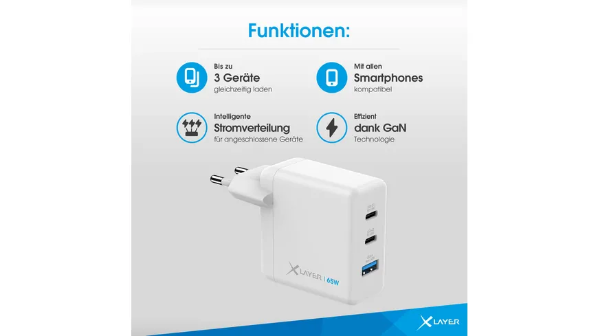 XLayer Powercharger 65W mit 2x USB Typ C & 1x USB Typ A White