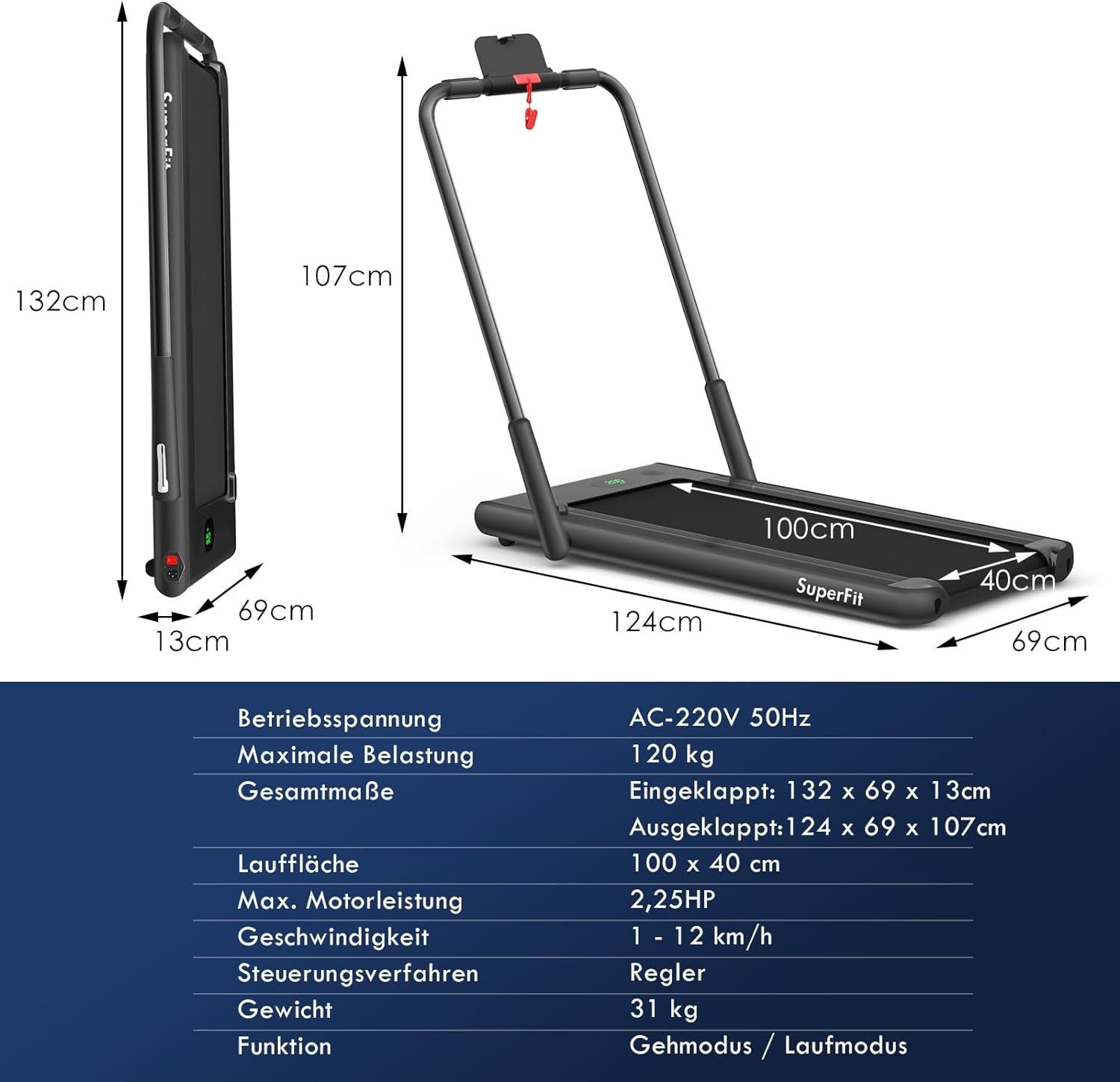 COSTWAY Laufband (2 in 1 Laufband klappbar 2,25HP, Walking Pad unter dem Schreibtisch), mit APP, Bluetooth und Fernbedienung, 1-12 km/h, Laufband für Zuhause