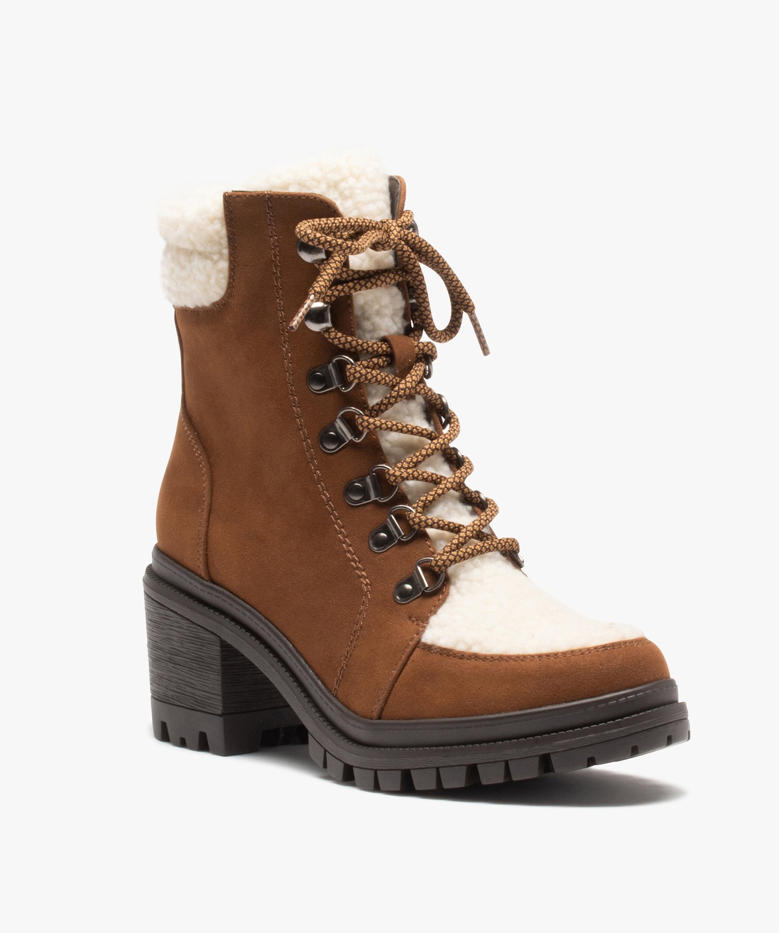 Boots fourrées femme à talon dessus sherpa et suédine camel | GEMO