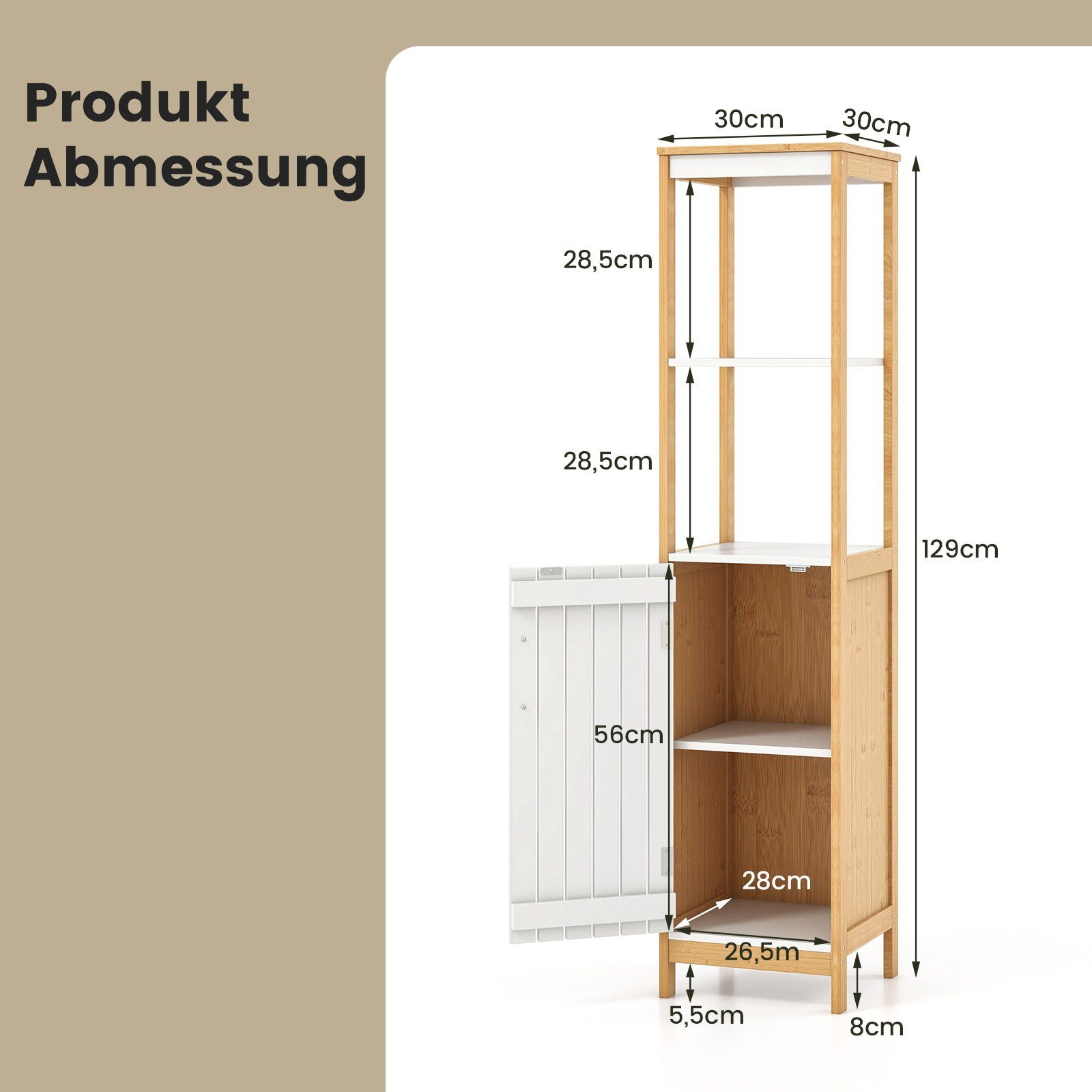 COSTWAY Badkommode Badezimmerschrank, schmal, aus Bambus, 129cm