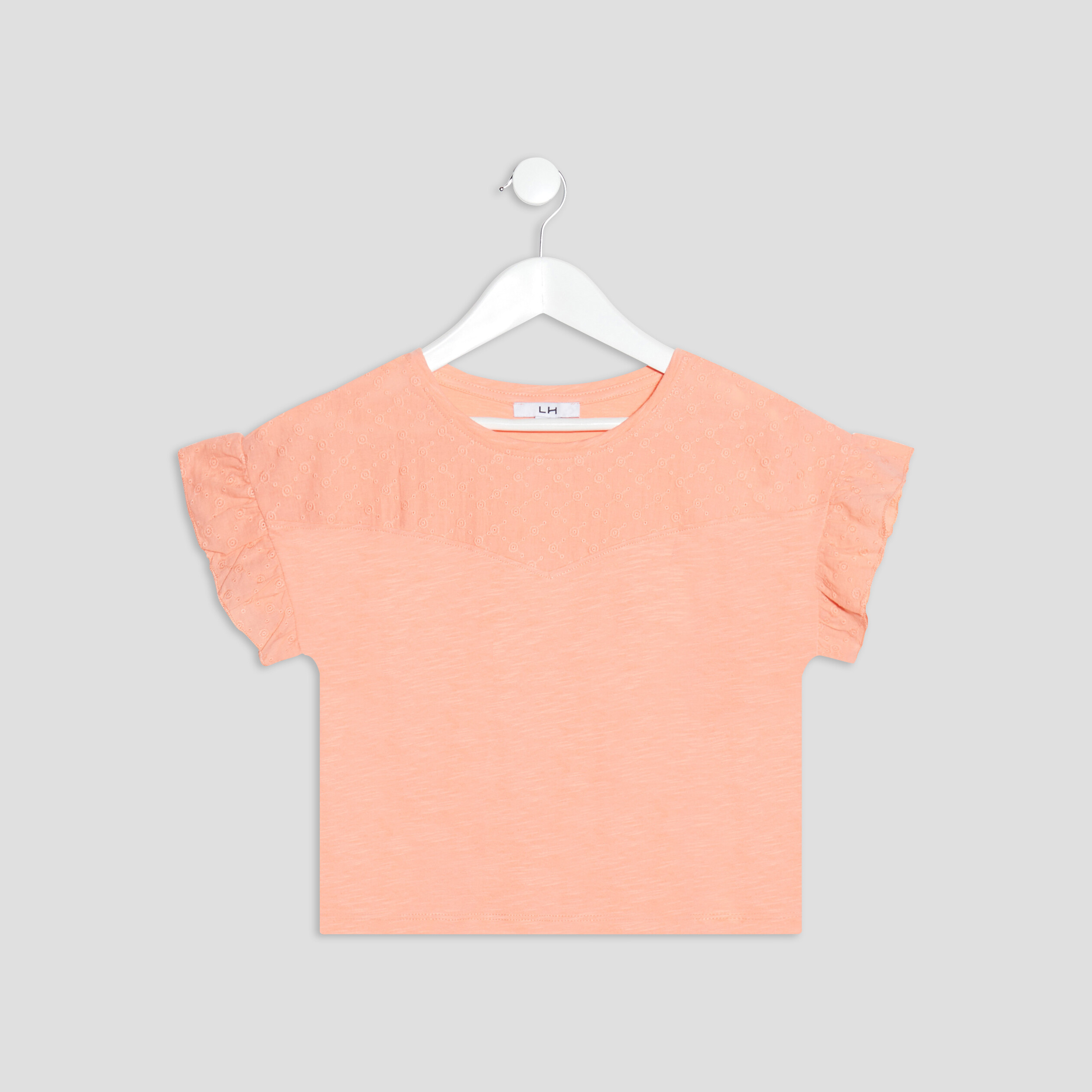 T-shirt manches courtes à volants rose corail fille | La Halle