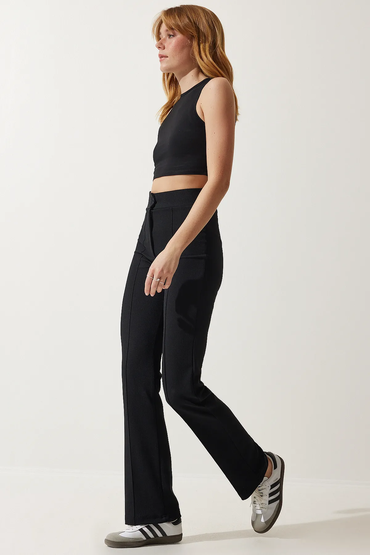 Happiness İstanbul  Schwarze bequeme Strickhose aus Lycra mit hoher Taille für Damen RV00090
