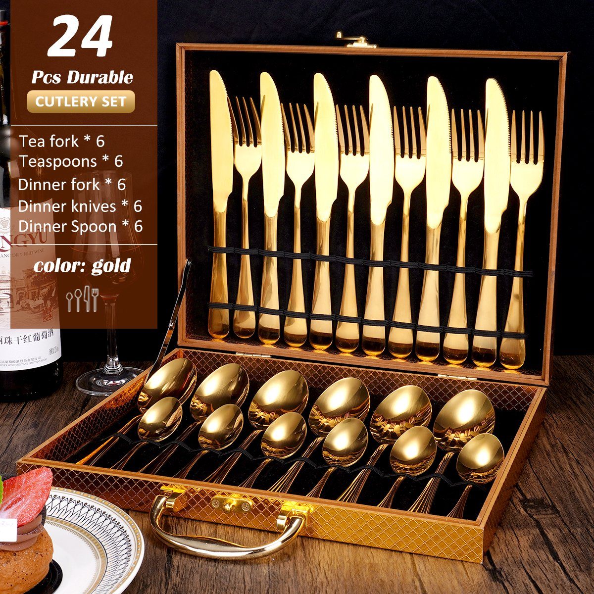 Faizee Möbel Besteck-Set Besteck-Set Edelstahl Besteck Cutlery Set 24-tlg Wooden Box