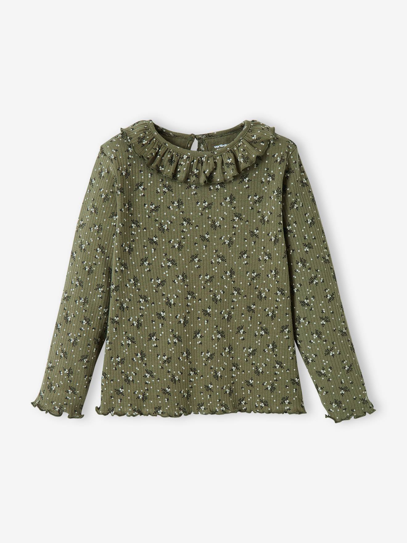 T-shirt à fleurs en maille côtelée fille curry