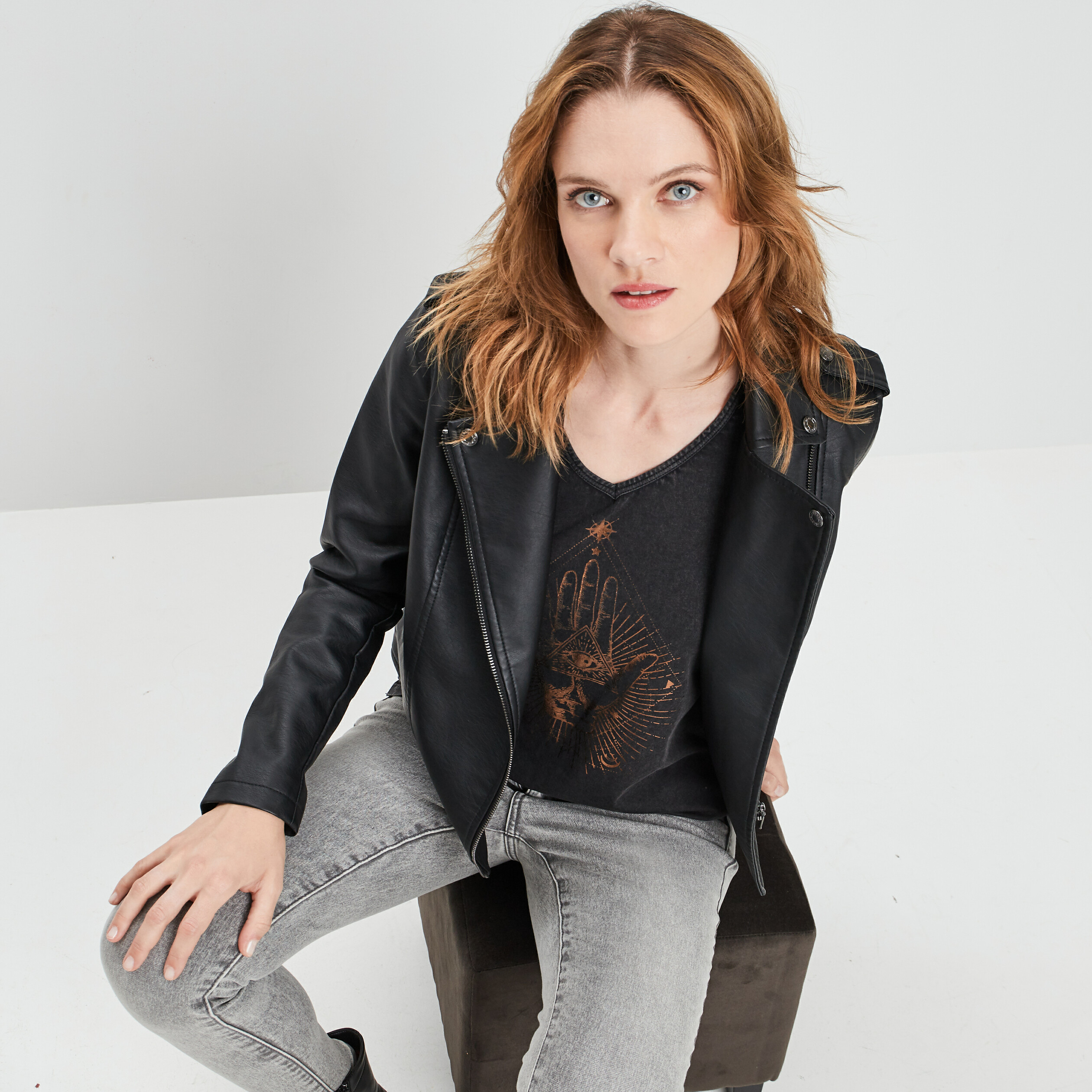 Veste esprit biker simili cuir noir femme | La Halle