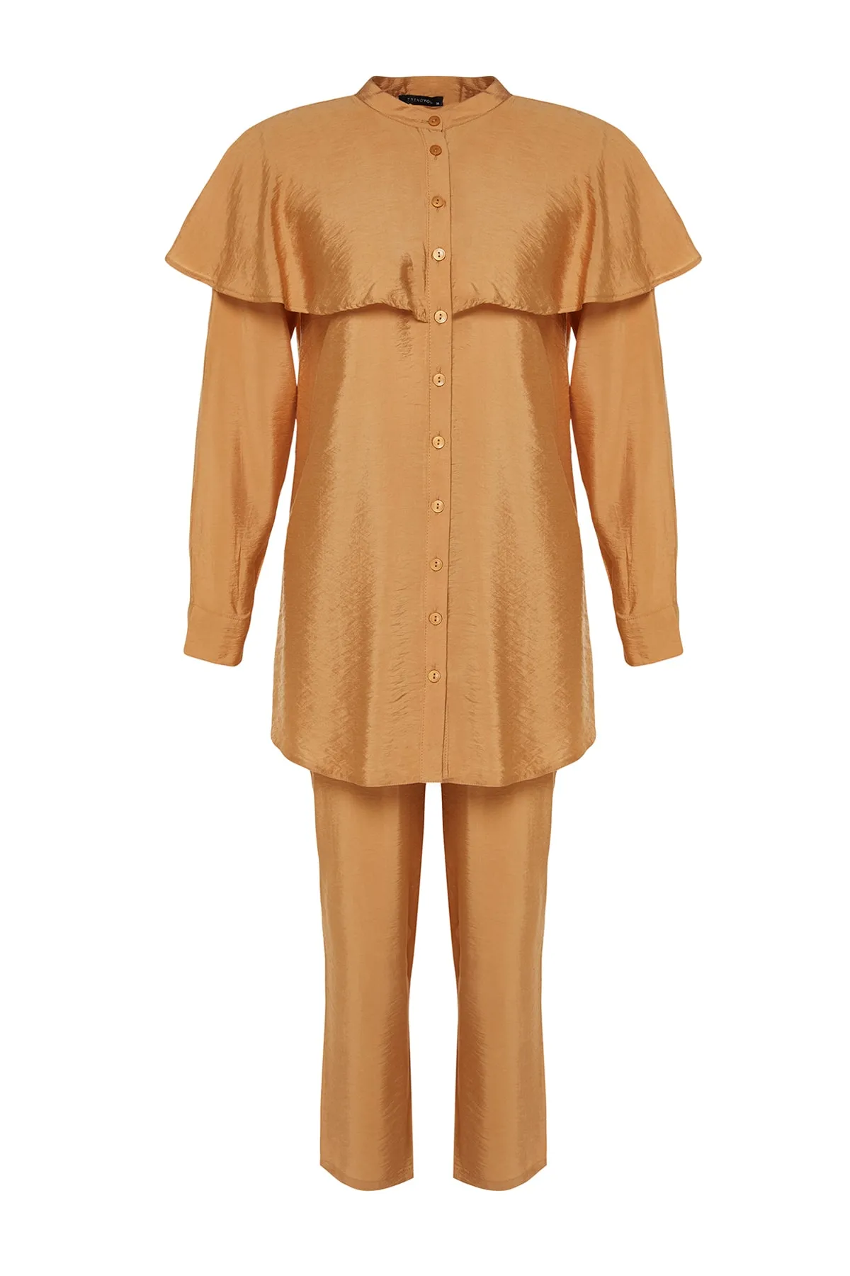 Trendyol Modest  Kamelfarbenes, gewebtes Hemd-Hosen-Set mit Schwungrad-Details TCTSS23US00091