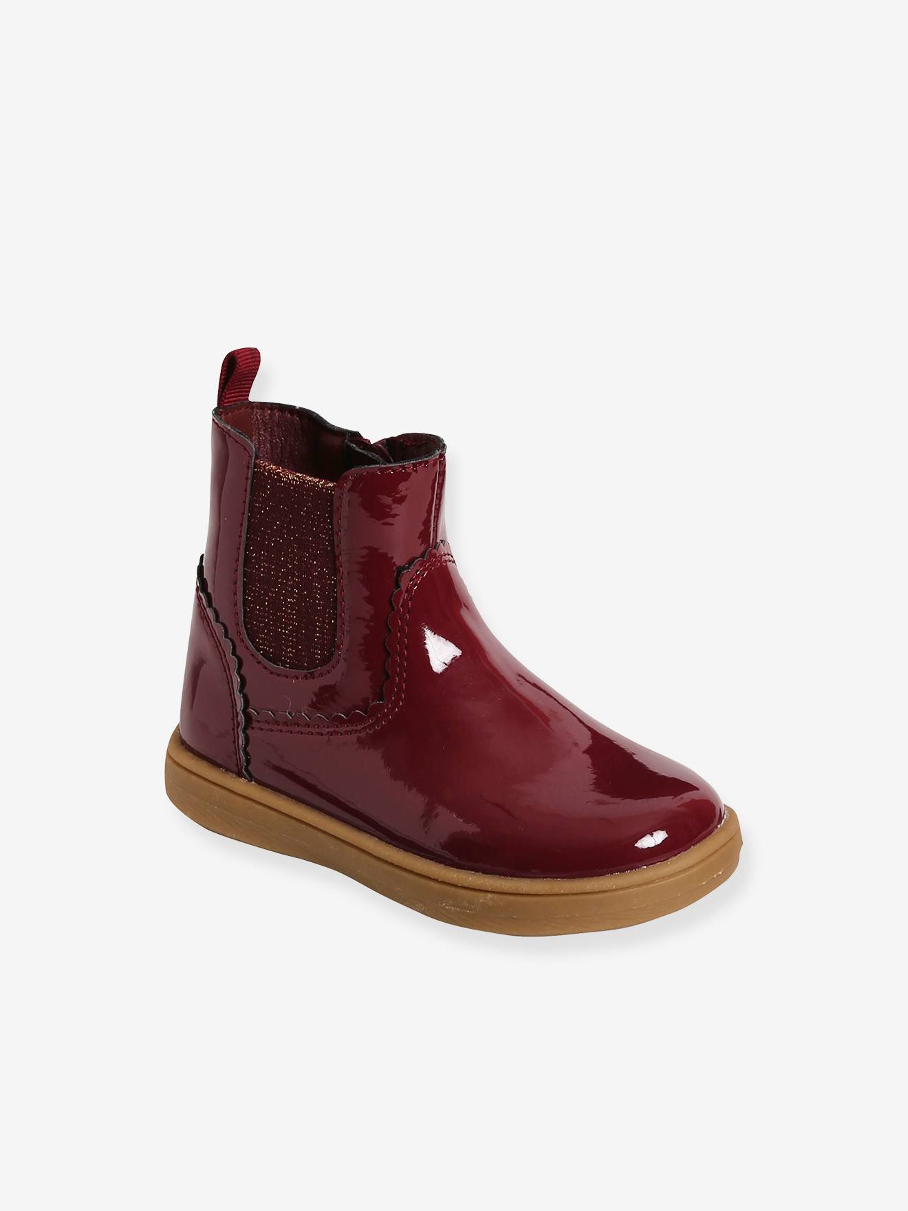 Boots vernis bébé fille zippés et élastiqués bordeaux
