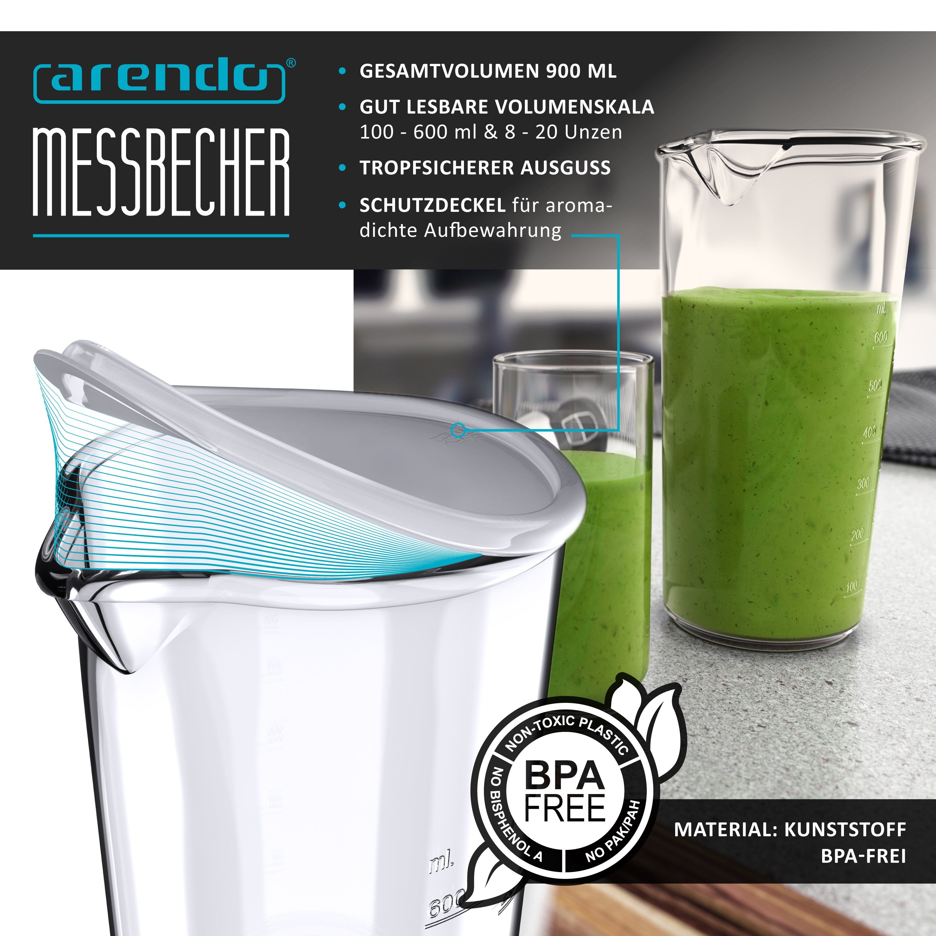 Arendo Messbecher, Kunststoff, 600ml, ideal für elektrische Handmixer und Handrührer