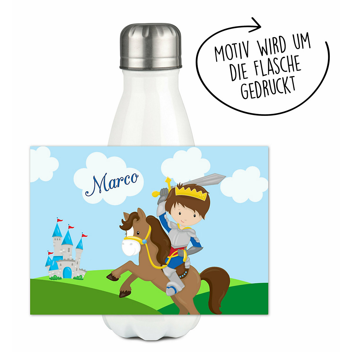 Edelstahl Kinder Thermoflasche / Trinkflasche bunt Ritter Spülmaschinenfest, Auslaufsicher, Bruchfest, Doppelwandig, Für Heißgetränke geeignet, Mit Deckel, Isoliert
