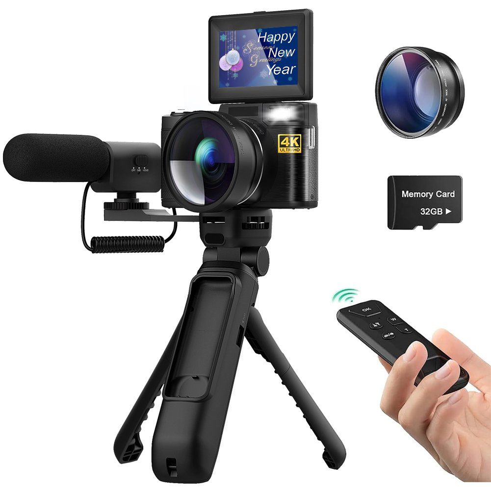 A Ade 4K Digitalkamera Videokamera Camcorder Bridge-Kamera (48 MP, inkl. 16X Digitalzoom Fotokamera Kompaktkamera mit Macro Linse, mit Stativ, Mikrofon, Weitwinkel Linse, Fernsteuerung, 32GB SD Karte)