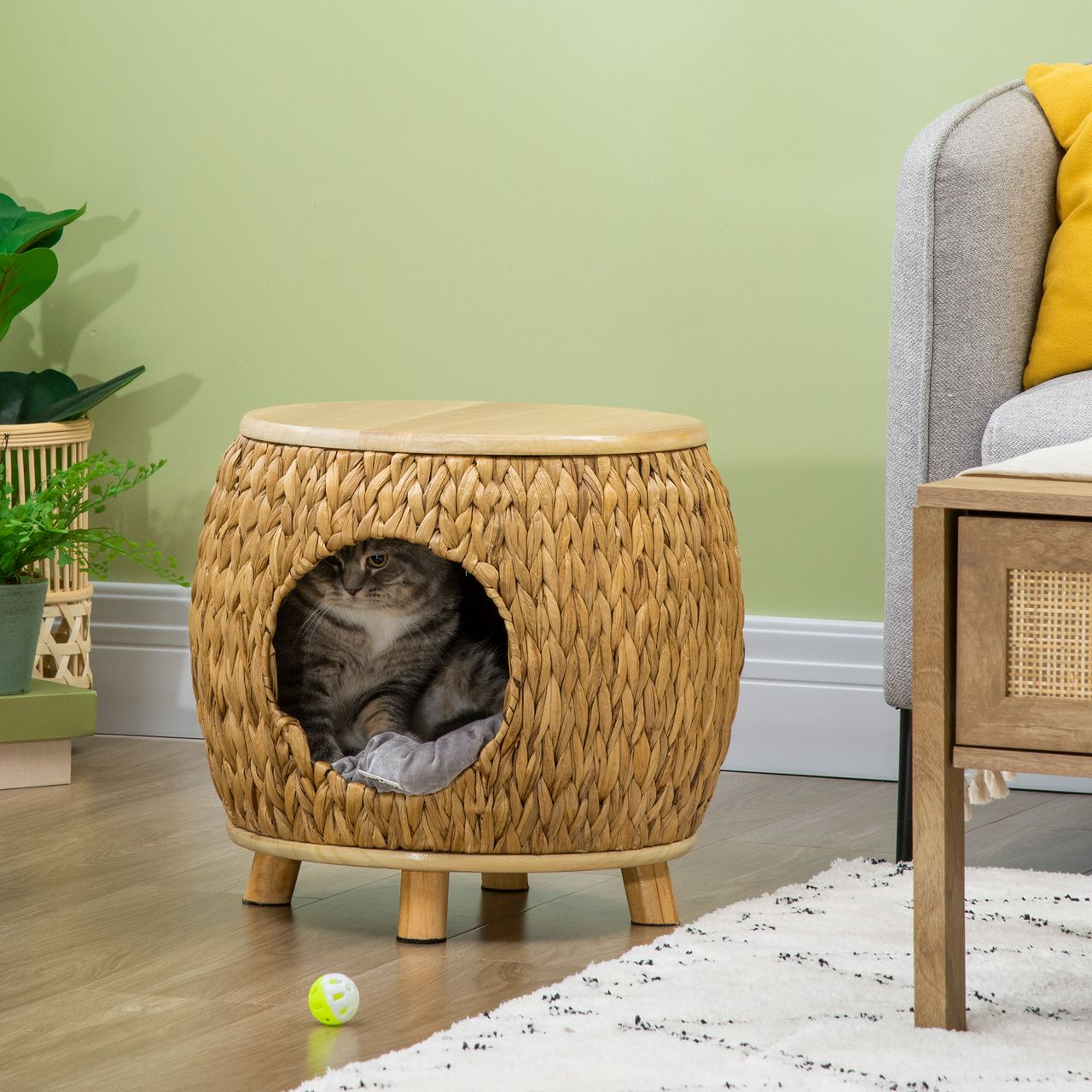 PawHut Katzenhöhle aus Rattan 2-in-1 Design Katzenkorb mit Kissen Katzenhütte