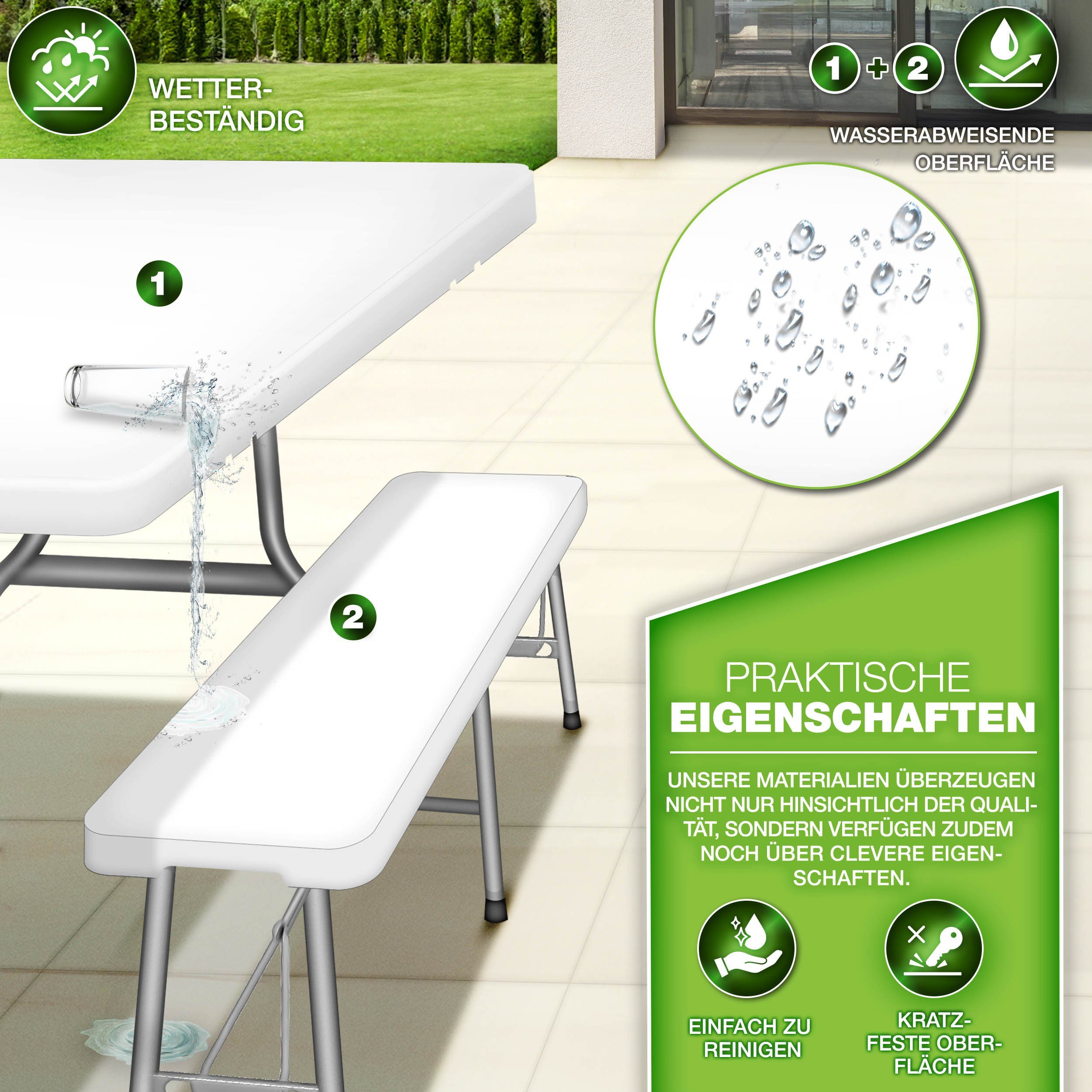 tillvex Bierzeltgarnitur klappbar 3-teilig Set Kunststoff Gartengarnitur wetterfest 180 cm, (Gartenmöbel Set Indoor & Outdoor mit Gartentisch und Bänken, Festzeltgarnitur)