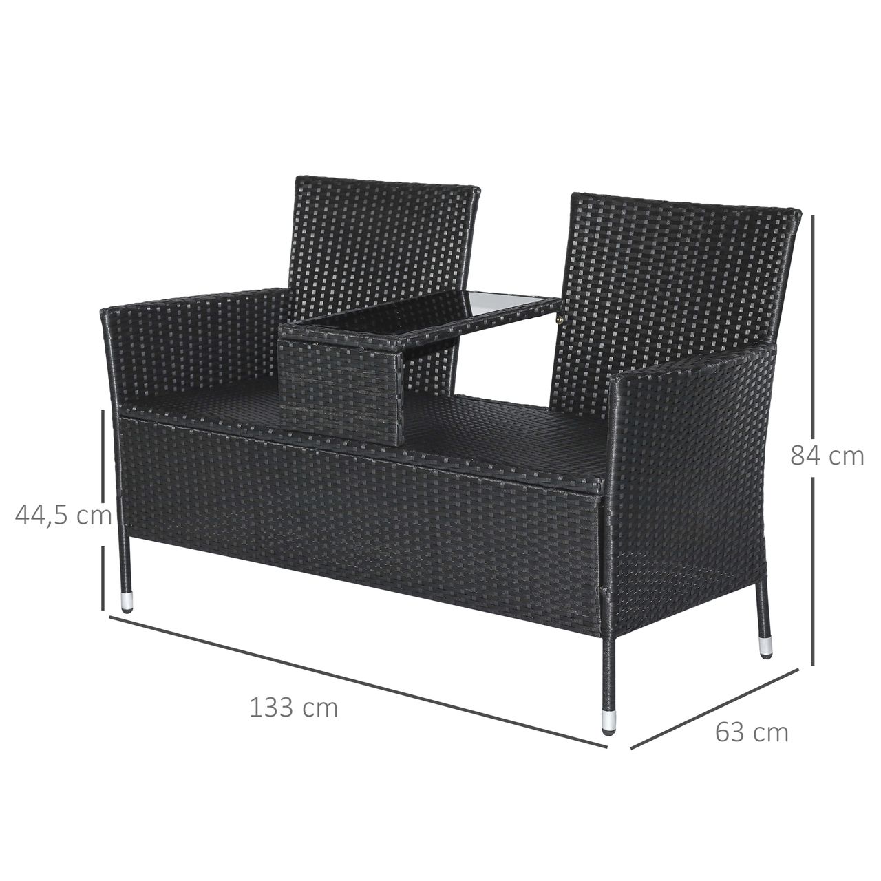 Outsunny Polyrattan Gartenbank Gartensofa Sitzbank mit Tisch 2-Sitzer Stahl Schwarz B133 x T63 x H84cm