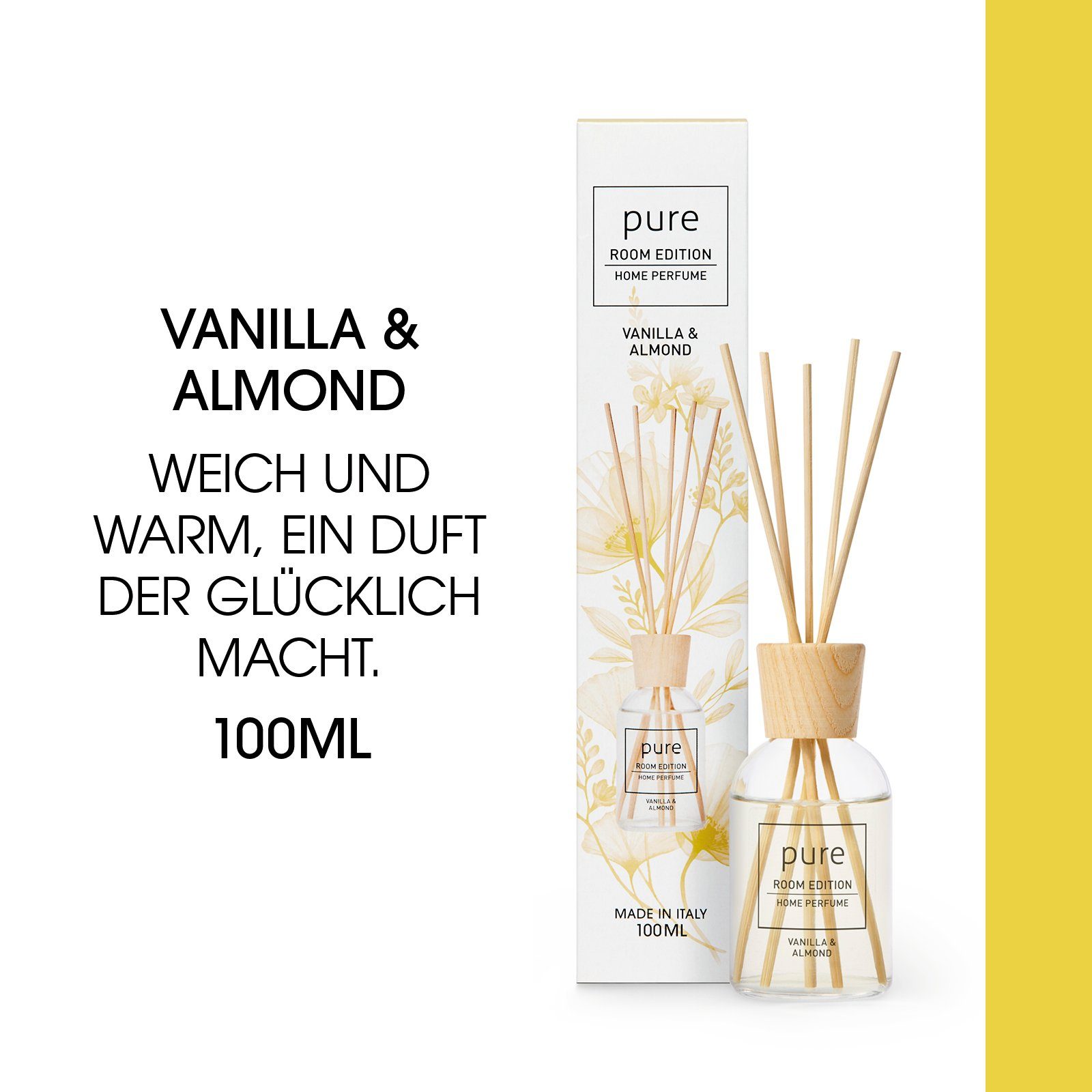 PURE ROOM EDITION Raumduft 100 ml (1 x 100 ml Vanille & Mandel Raumduft + 5 Duftstäbchen)