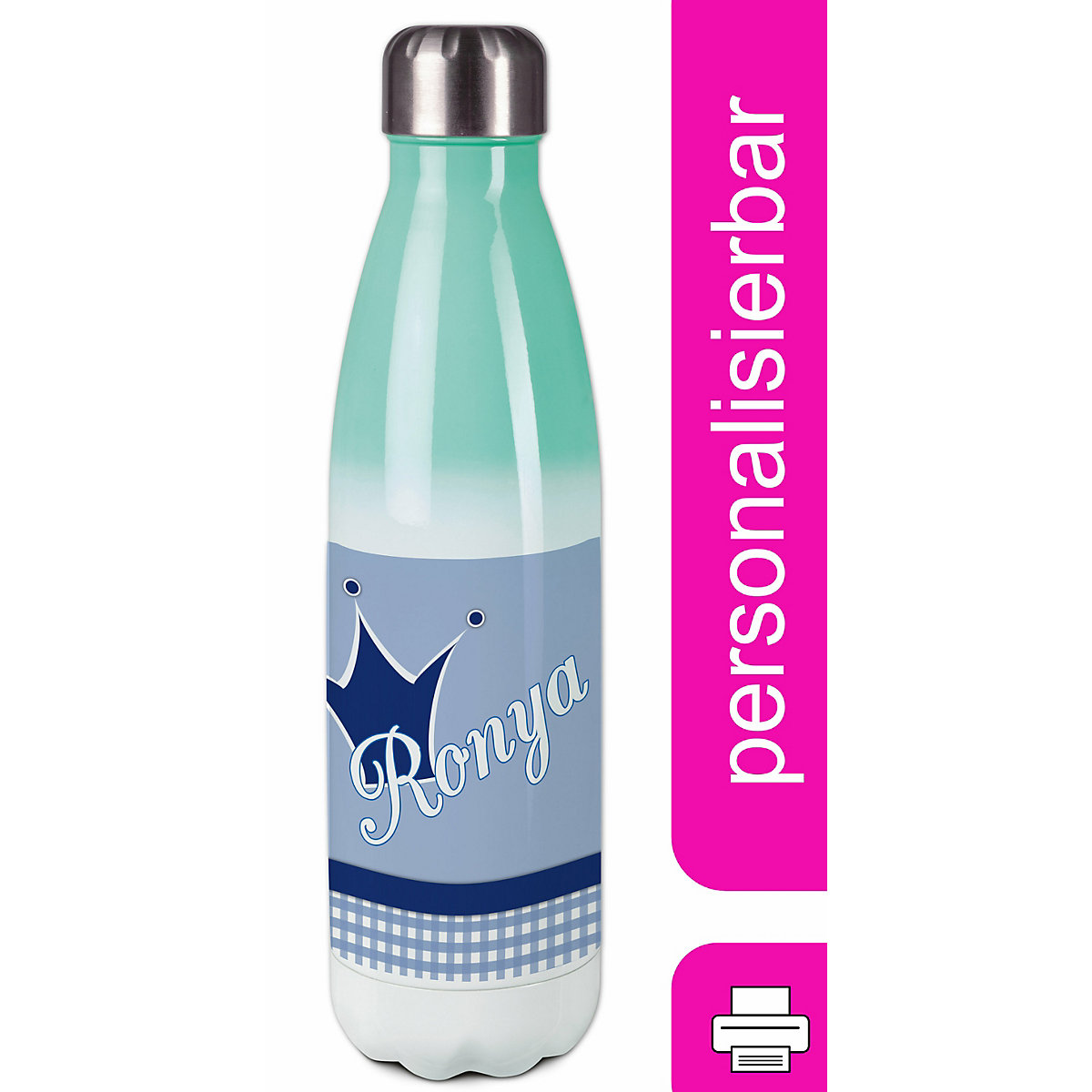 Edelstahl Kinder Thermoflasche / Trinkflasche bunt Krone Farbe blau Spülmaschinenfest, Auslaufsicher, Bruchfest, Doppelwandig, Für Heißgetränke geeignet, Mit Deckel, Isoliert