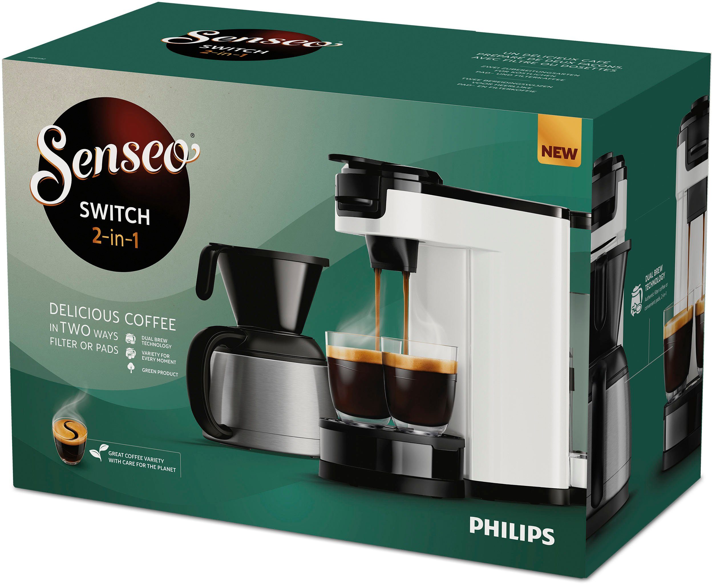 Philips Senseo Kaffeepadmaschine Switch HD6592/04, 1l Kaffeekanne, inkl. Kaffeepaddose im Wert von 9,90 € UVP
