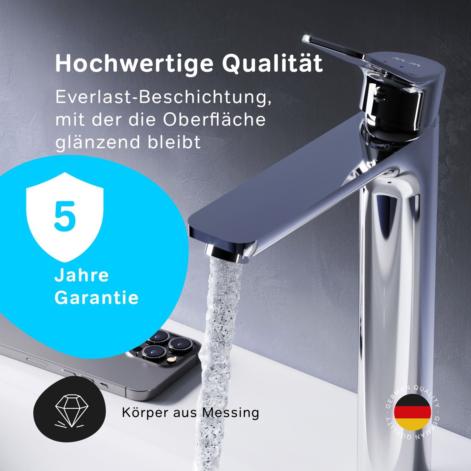 AM.PM Waschtischarmatur Waschbeckenarmatur X joy Waschbecken Wasserhahn Bad (mit hohem Auslauf, inkl. Klick-Ablaufgarnitur) Waschtisch Mischbatterie Badezimmer Badarmatur