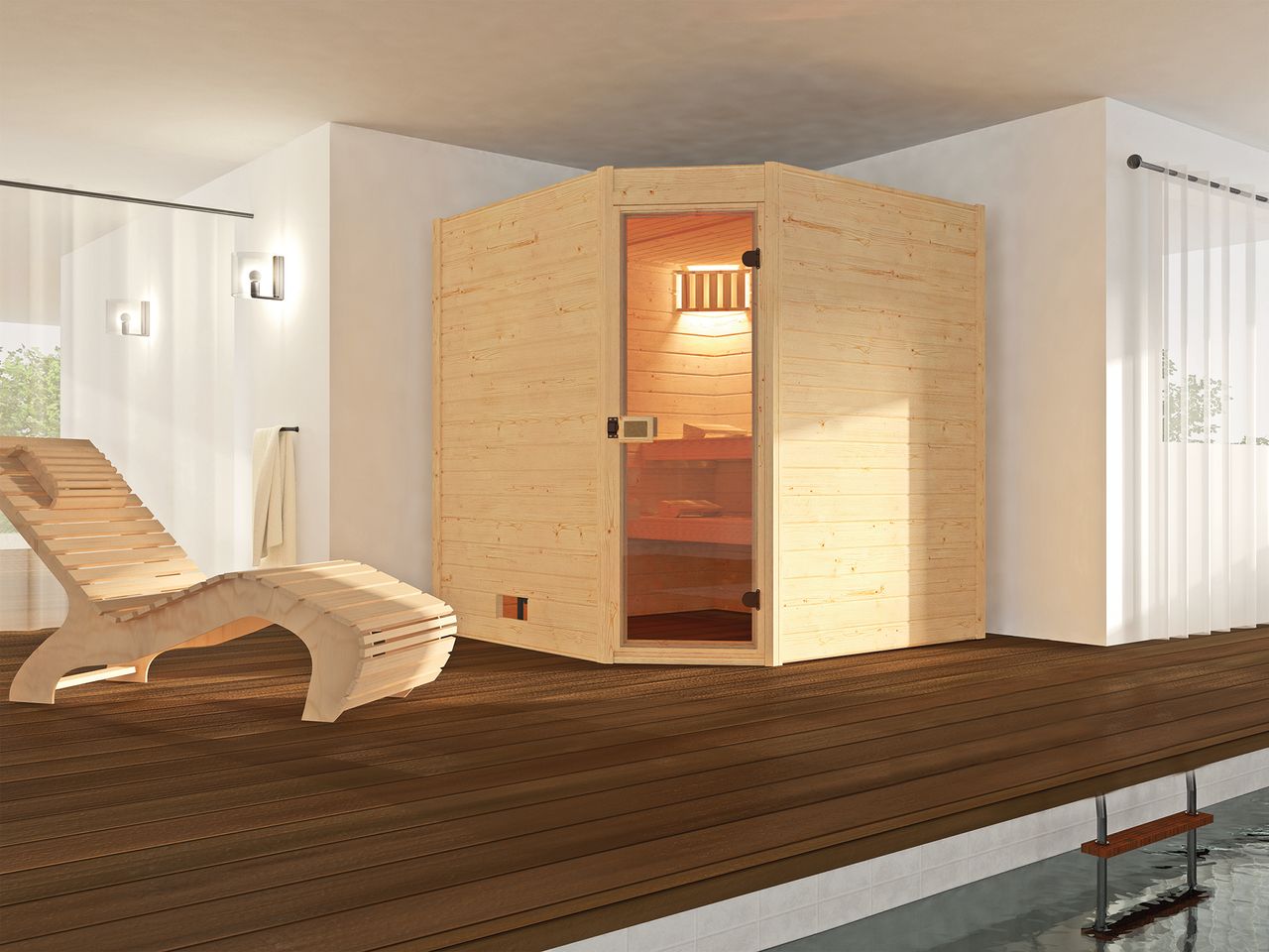 WEKA 38mm Masssivholzsauna mit Eckeinstieg Gr.1 inkl. 9,0 kW Kompakt-Ofen