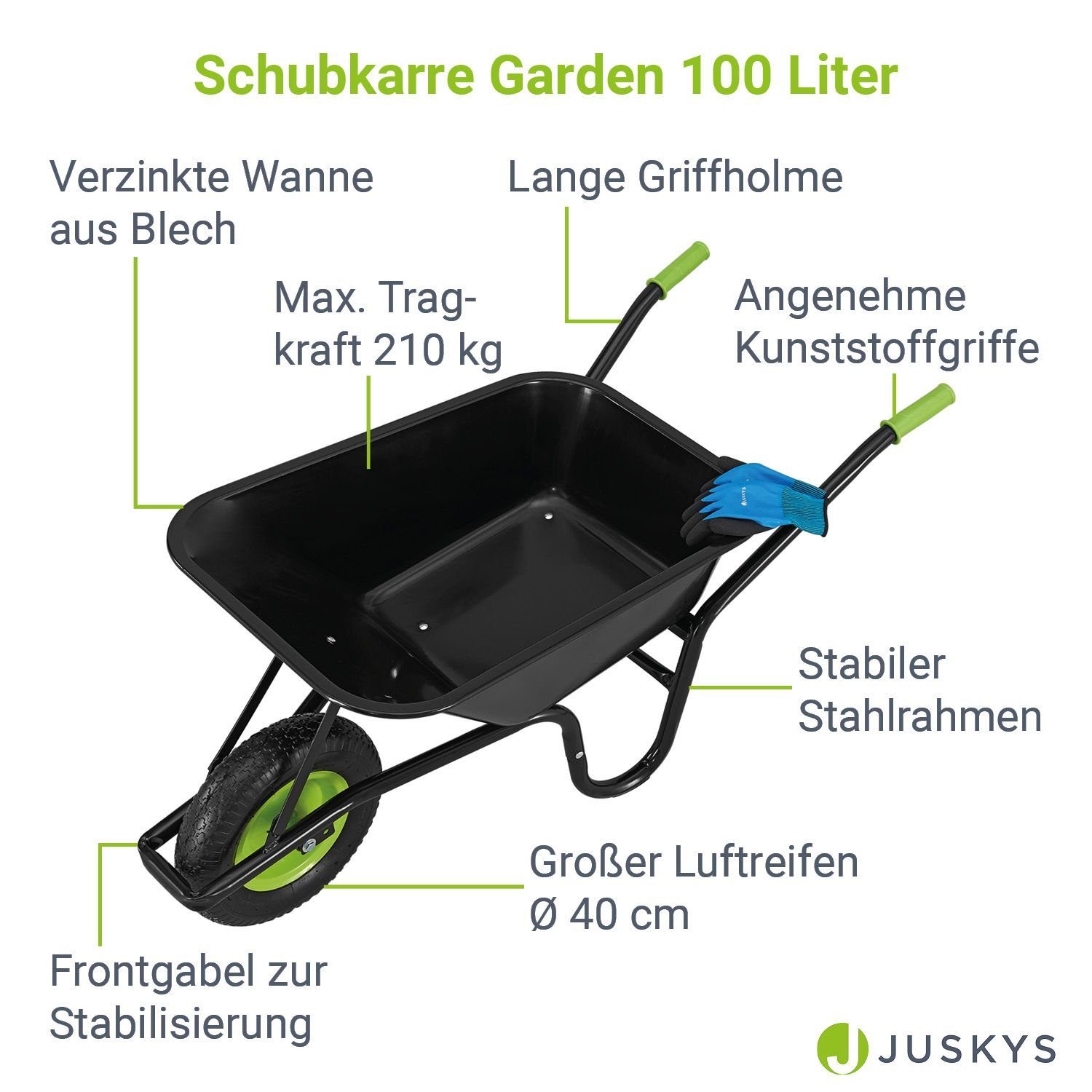Juskys Schubkarre Garden, 100L, bis 210 kg, Luftreifen, verzinkte Wanne, inkl. Handschuhe