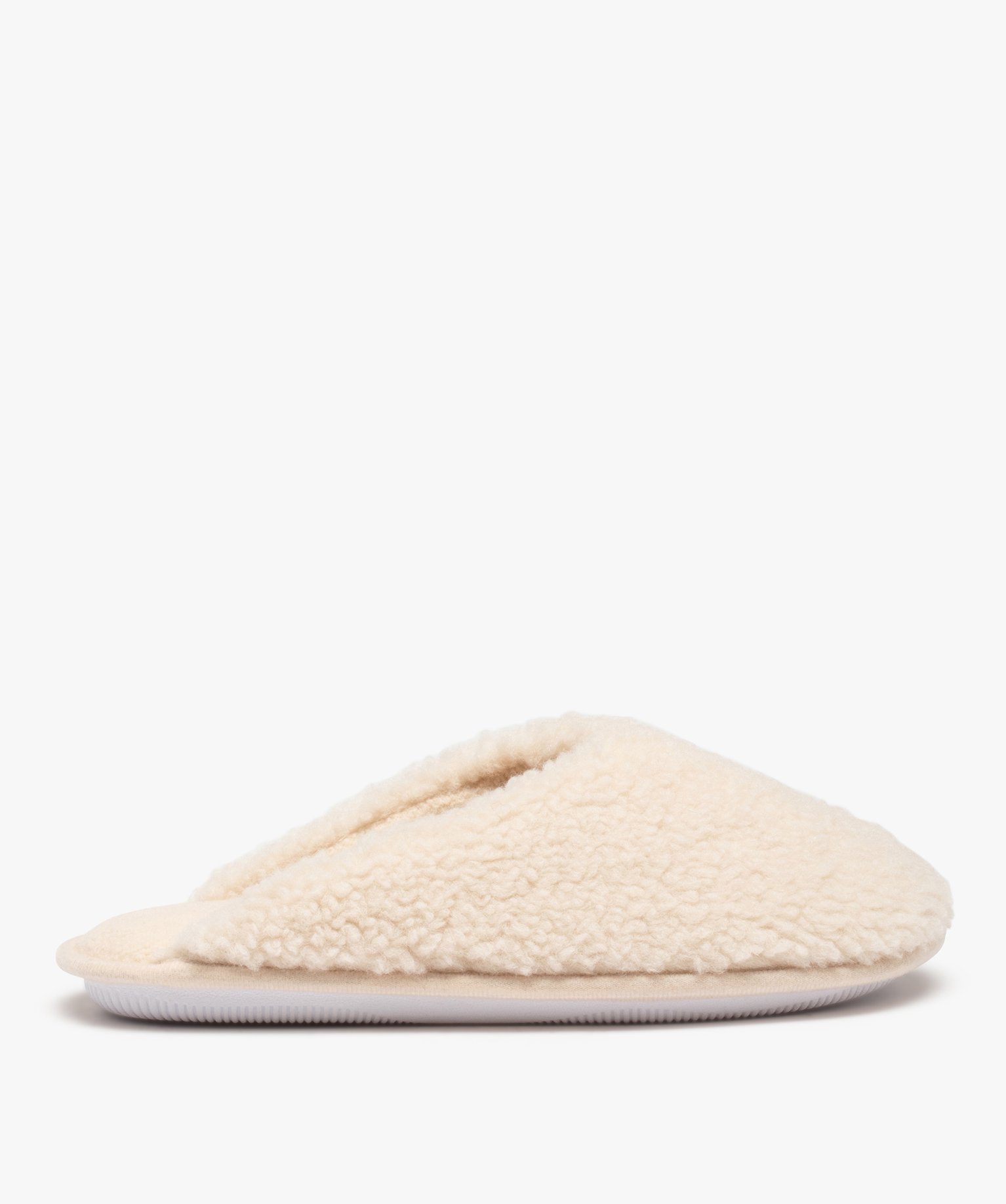 Chaussons femme mules plates unies en textile sherpa beige | GEMO